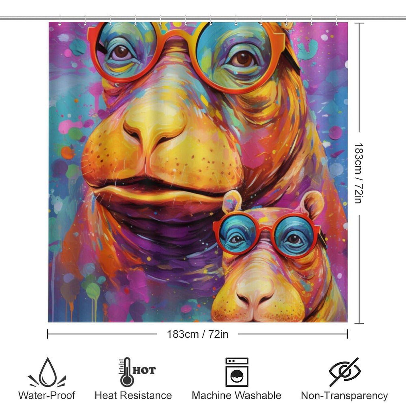 Dunmat Dunmat 4 Pieces Colorful Hippo Shower Curtain Set Graffiti Style Glasses Animal Bathroom Decor Sets with Rugs Bathroom Accessories Set Bathroom Curtain Shower Set with 12 Hooks