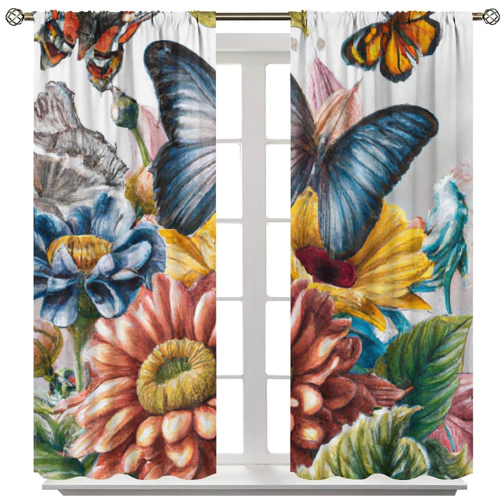 dongbunishangmao Butterfly Curtains Magic Spring Forest Blooming Flowers Butterfly Print Window Drapes for Bedroom Living Room Rod Pocket Blackout Curtains 2 Panels 21x45in, Style-2