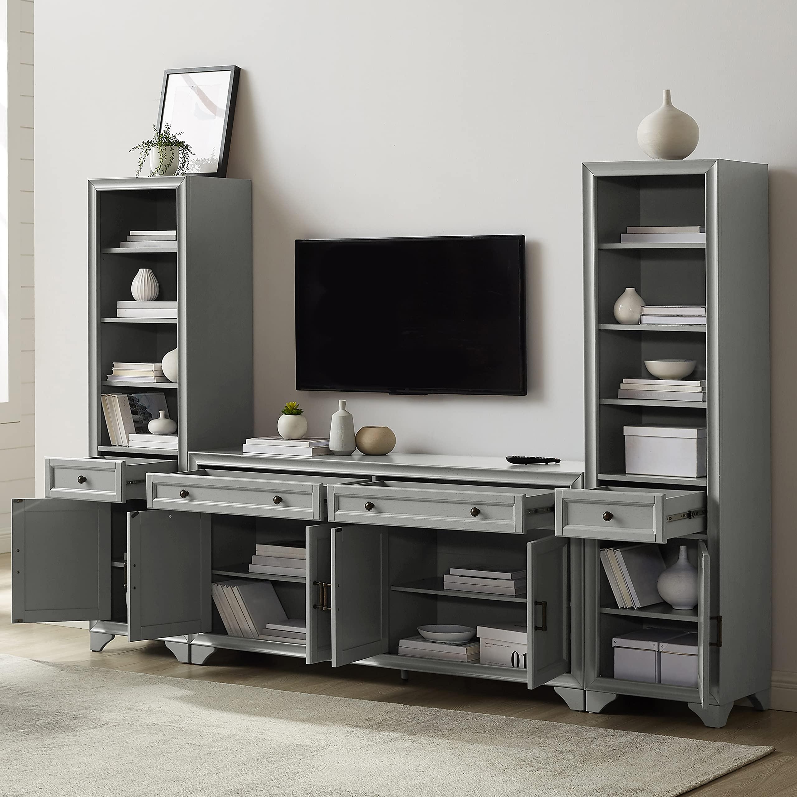 Crosley Furniture Crosley Furniture Tara 3-Piece Entertainment Center with TV Stand, Bookshelves, and Storage Shelves, Distressed Gray