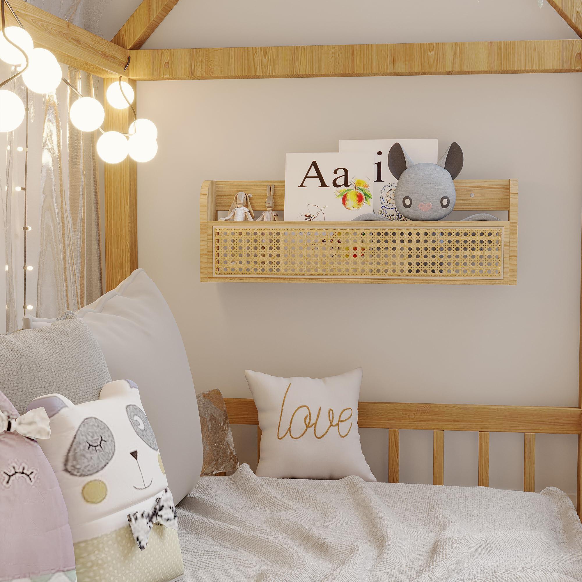 Ecowillon Ecowillon Wooden Rattan Wall Shelf - 24 Nursery Hanging Book Shelves for Wall, Picture Ledge Wicker Shelf, Boho Decorative Shelves for Netural Nursery Decor, Floating Rattan Shelf for Office,Bedroom