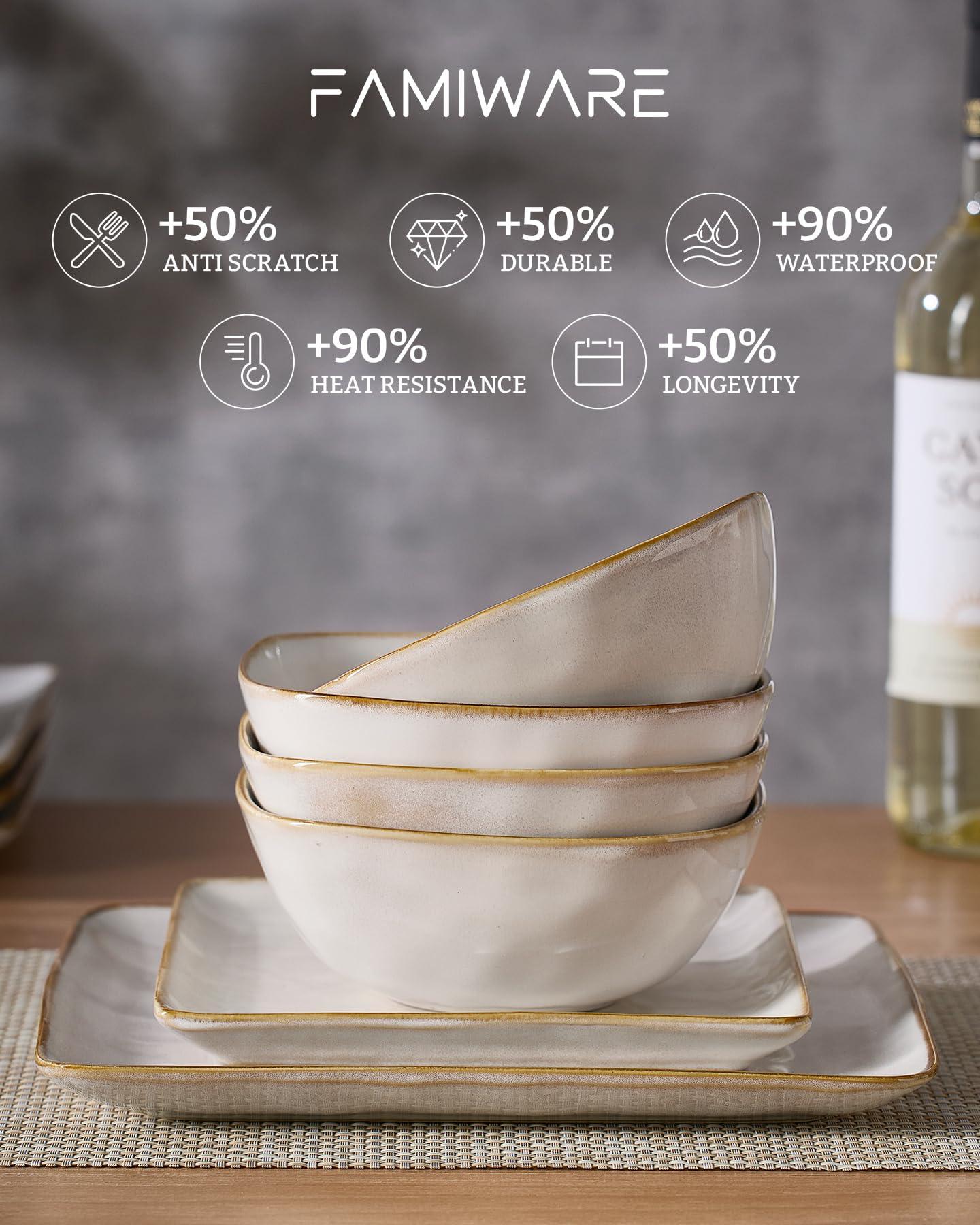 famiware Famiware Ocean Square Plates and Bowls Set, 18 Pieces Dinnerware Sets, Dishes Set for 6, Microwave and Dishwasher Safe, Scratch Resistant, Cappuccino White