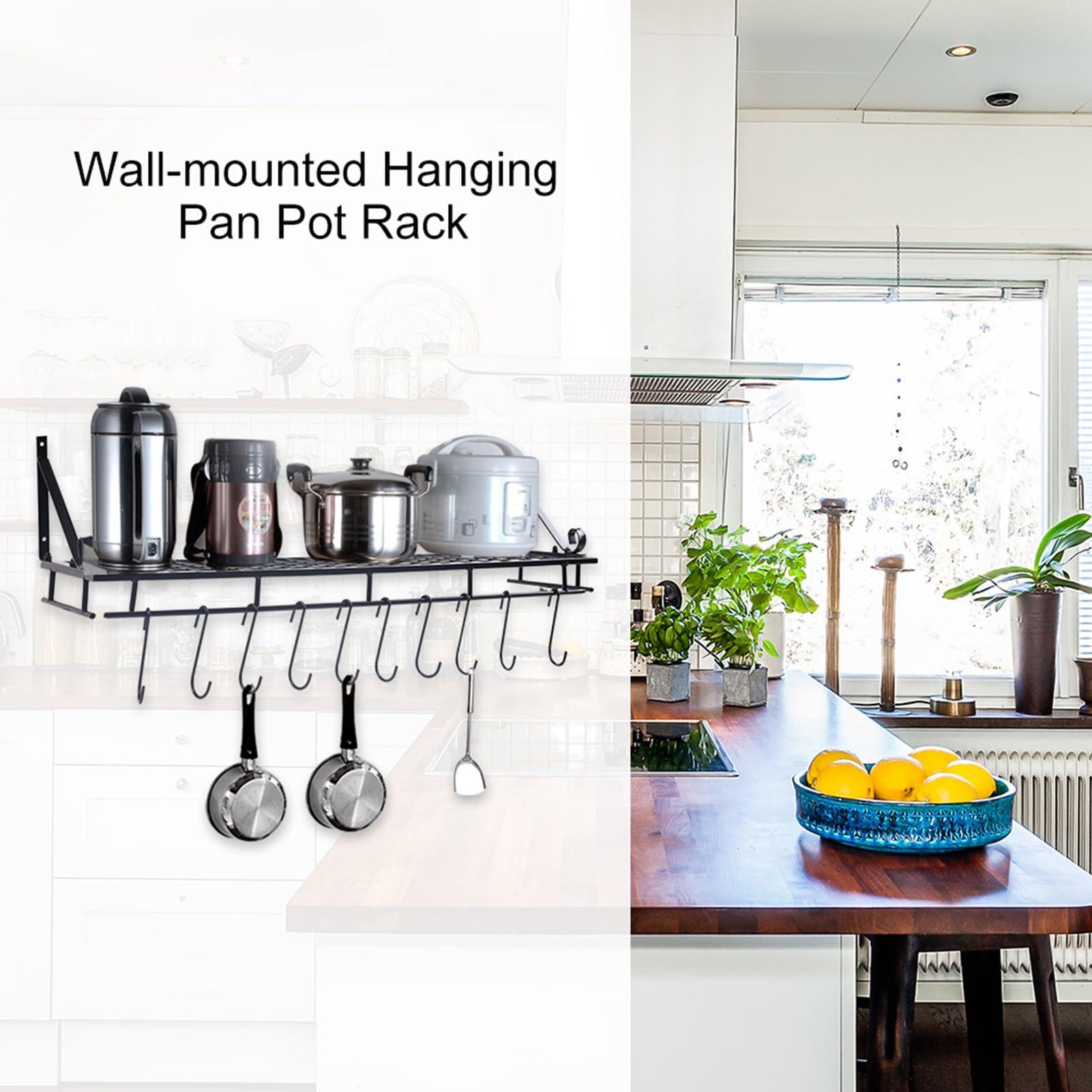 MOUMOUTEN MOUMOUTEN Metal Hanging Pan Pot Rack, Black Wall Mounted Portable with 10 Hook Holder Easy Installation Kitchen Storage Organizer for Kitchen (45CM)