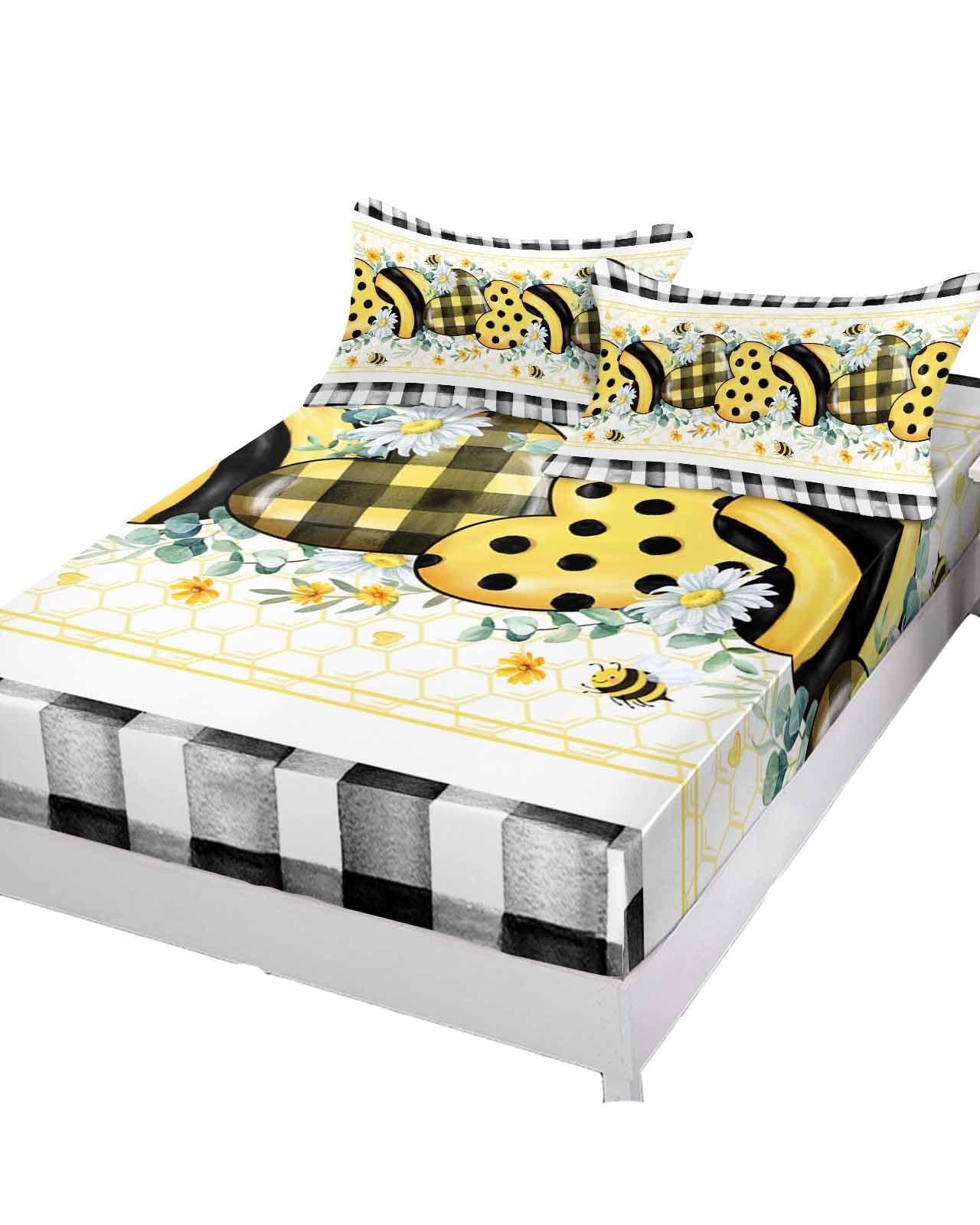Alandar Home Cal King Fitted Bed Sheet Deep Pocket,Summer Daisy Bee Love Heart Eucalyptus Leaves Bedding Sheet Soft Brushed Microfiber Fitted Sheets,Black White Plaid Hotel Fitted Bottom Sheet with Pillowcase Set