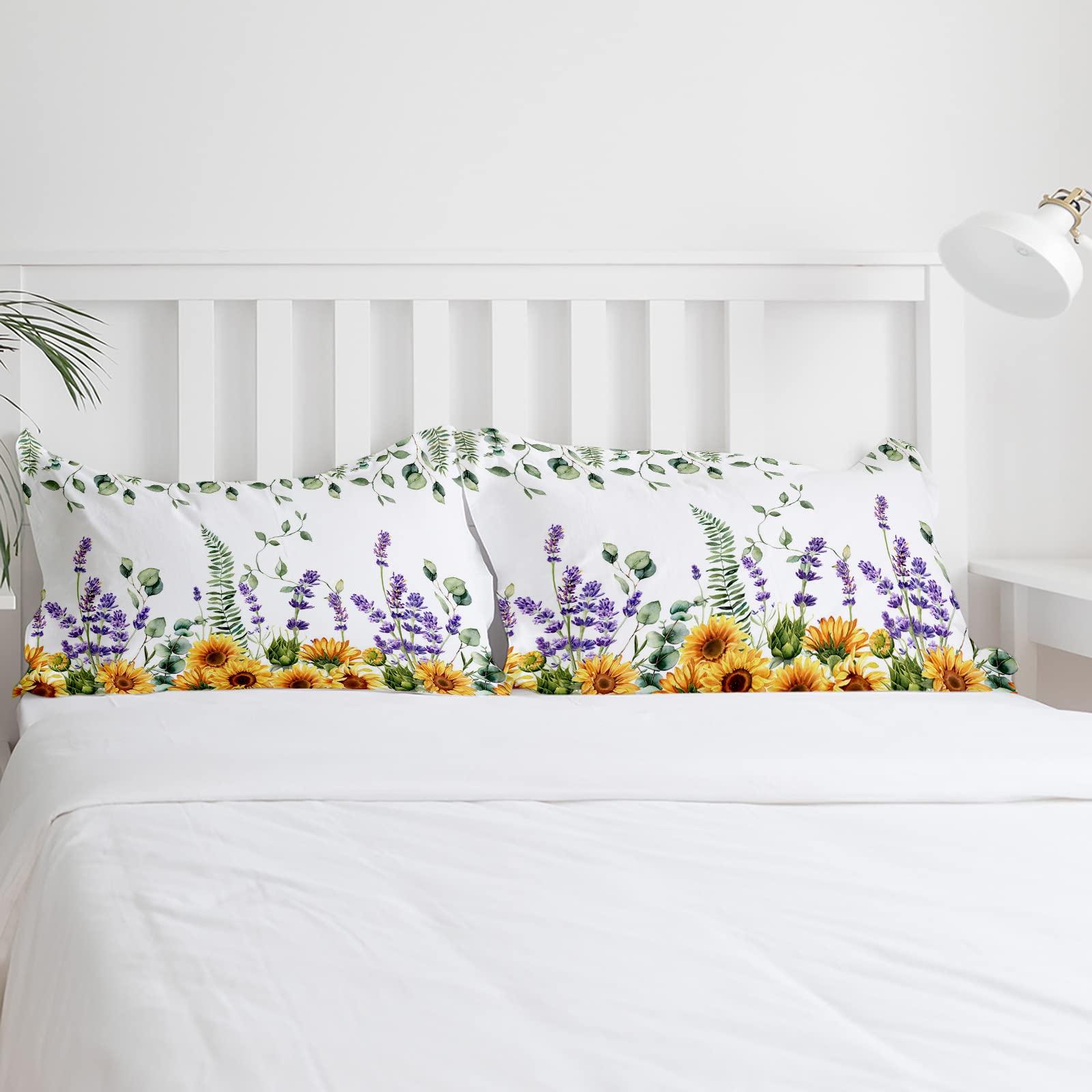 Sabolny Sunflower Queen Duvet Cover Set,Washed Soft Microfiber Bed Comforter Quilt Cover with Ties/Zipper,Wildflowers Eucalyptus Lavender Spring Summer Patterned Textured Bedding Duvet-Covers