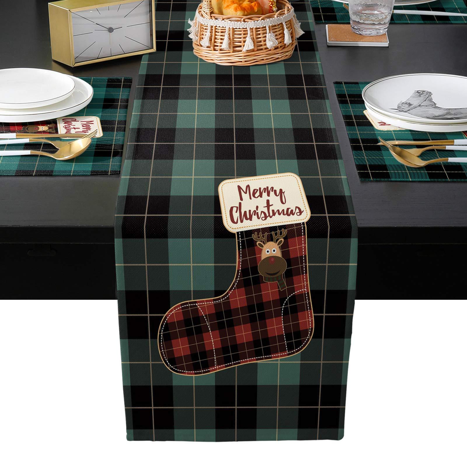 QueenKer Christmas Table Runner Placemats Set of 6 Xmas Reindeer Green Red Black Buffalo Plaid 90 Inches Long Table Place Mats for Holiday Kitchen Dining Wedding Farmhouse Party Home Decoration