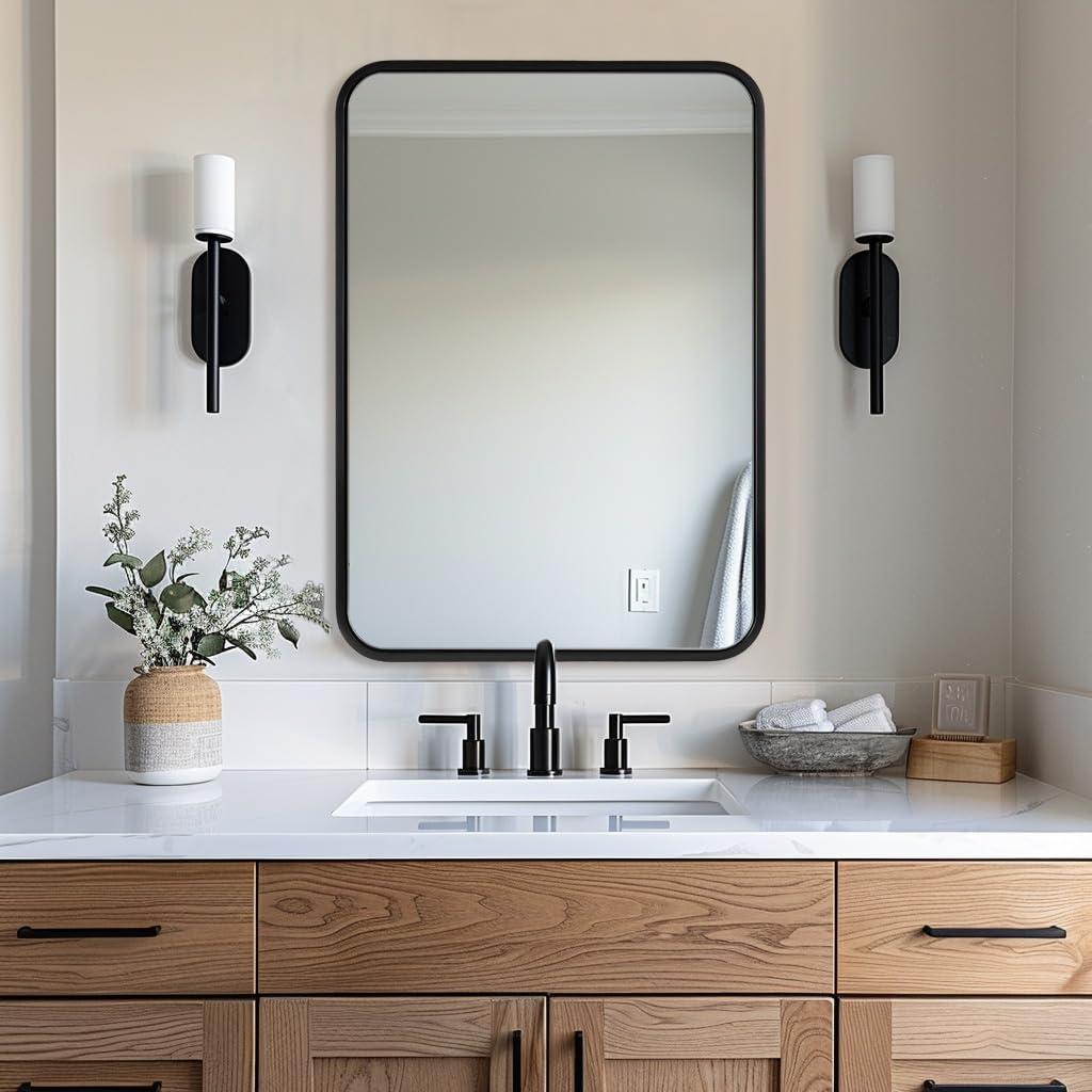ANDY STAR ANDY STAR Matte Black Mirror for Bathroom, 20x28 Inch Rounded Rectangle Mirror, Modern Vanity Mirror Tube Metal Frame HD Reflection Wall-Mounted Mirrors Vertically or Horizontally