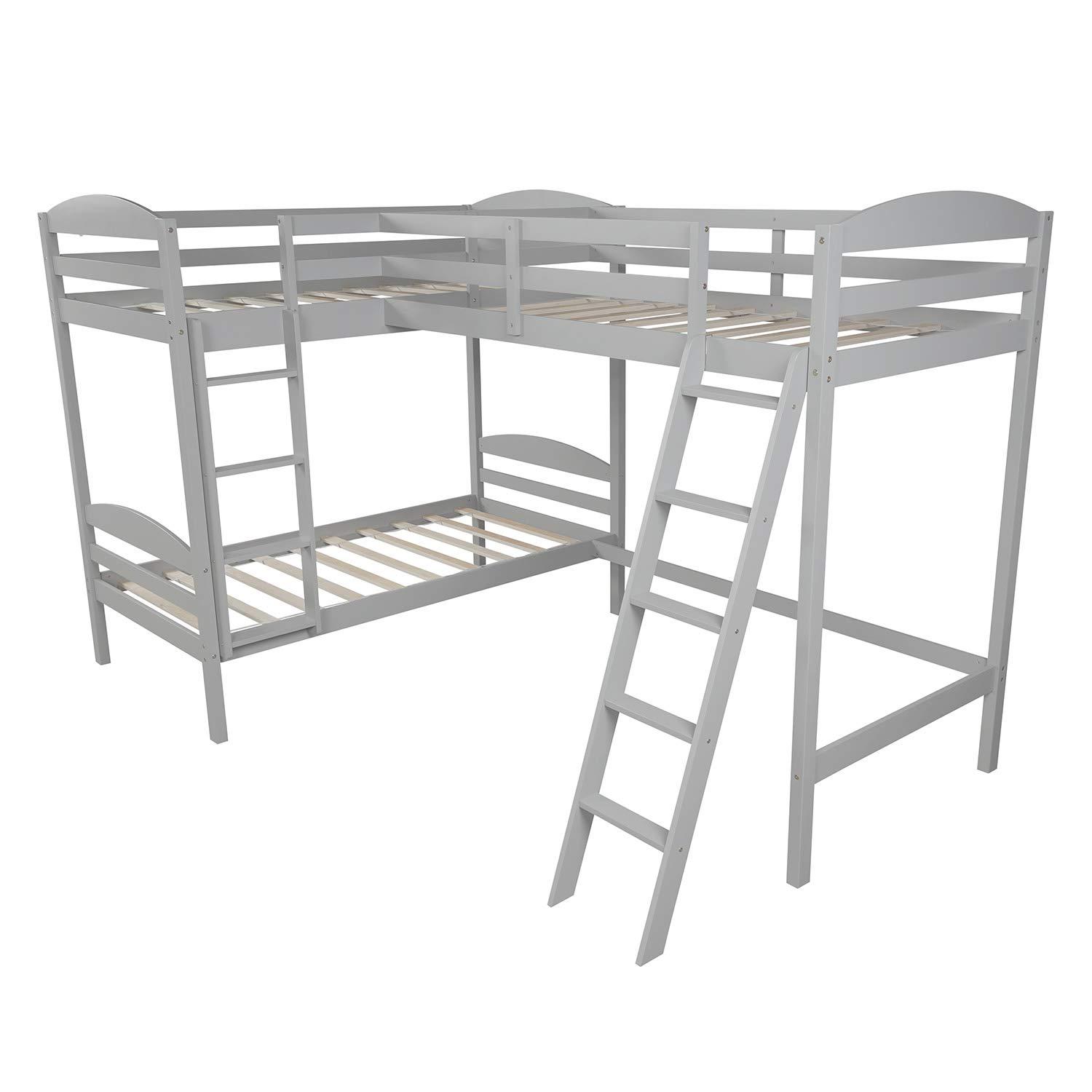RUNNA Triple Bunk Bed Twin Size Wood L-Shaped Corner Bunk Bed Frame 3 Bed Bunk Loft Bed with Full Length Guardrails and Flat Ladder, 3 Bed Bunk, No Box Spring Needed (Gray+Wood)