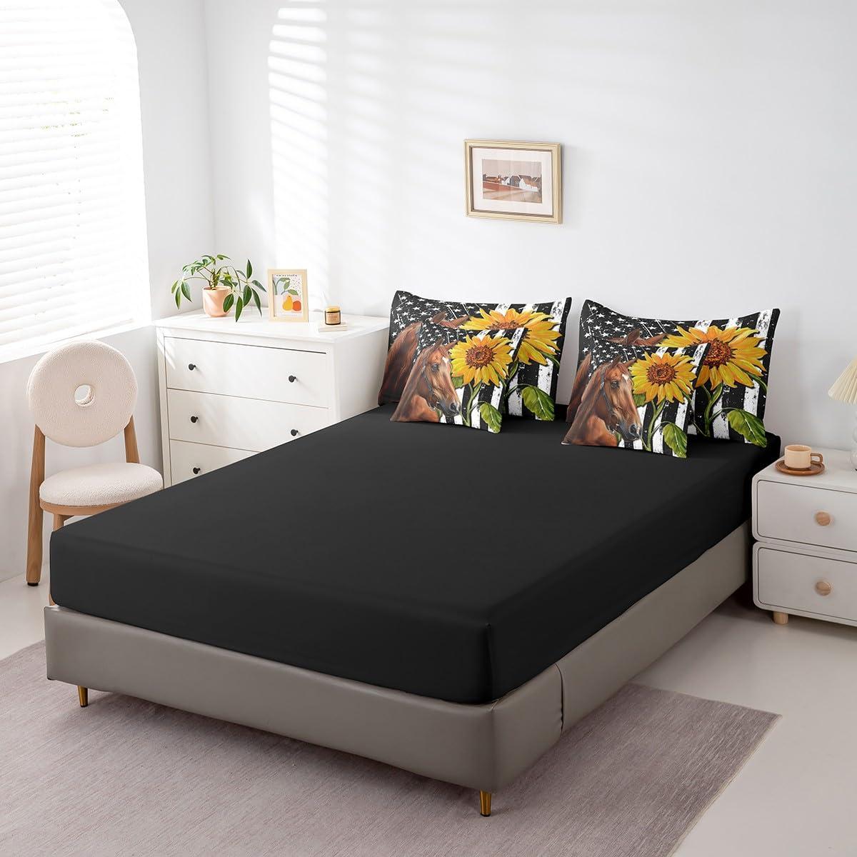 Erosebridal Erosebridal Horse Bed in a Bag King Size Comforter Set 7 Pieces,American Flag Bedding Sets Sunflower Western Animals Sheet Set with Comforter