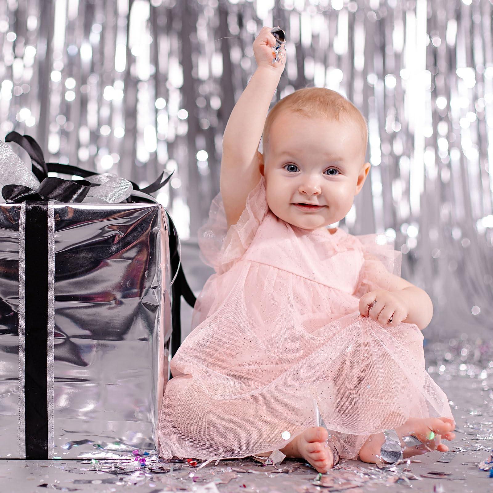 uxcell uxcell 2 Pcs Silver Fringe Curtain Party Streamers (3.3ft x 10ft) Foil Fringe Curtains Wall Background, Tinsel Streamers Birthday Party Backdrop Decorations for Wedding Holiday