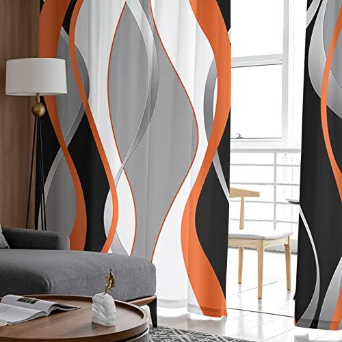 PIEPLE Orange Black Grey Sheer Curtains 108 Inch Length 2 Panels Set for Living Room/Bedroom, Modern White Moire Geometric Abstract Art Curtain Sheers Drapes Rod Pocket Curtains Window Treatment Set 52x108x2