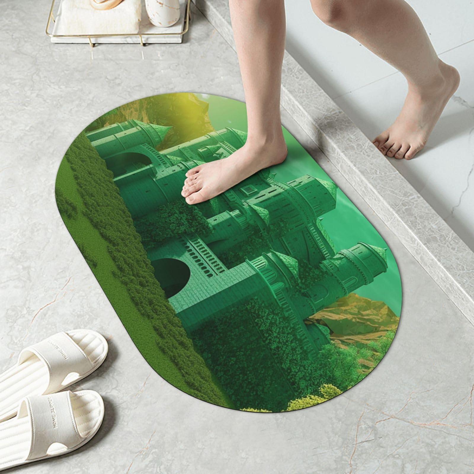 NONHAI Stone Bath Mats Green Castle Diatomaceous Earth Bath Mat Super Absorbent Bathroom Floor Mat Quick Drying Diatomite Shower Mat for Shower Bathtub Bathroom Accessory 15.7x23.6in