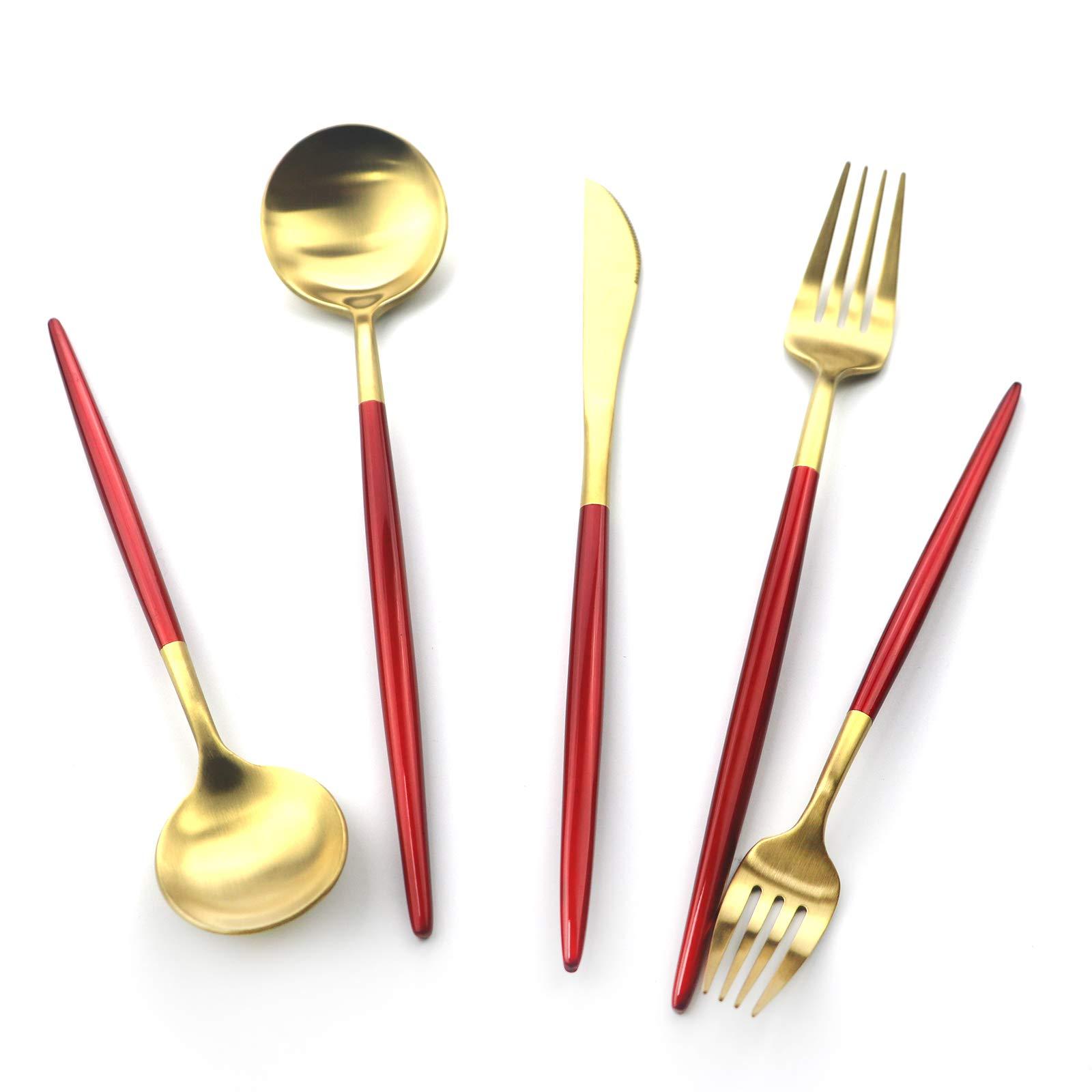 Gugrida Gugrida 20 Pieces Matte Gold Red Handle 18/10 Stainless Steel Silverware Set, Flatware Set Titanium Black Cutlery Set, Utensils Set for Home Restaurant Service Set for 4, Dishwasher Safe (Red Gold)
