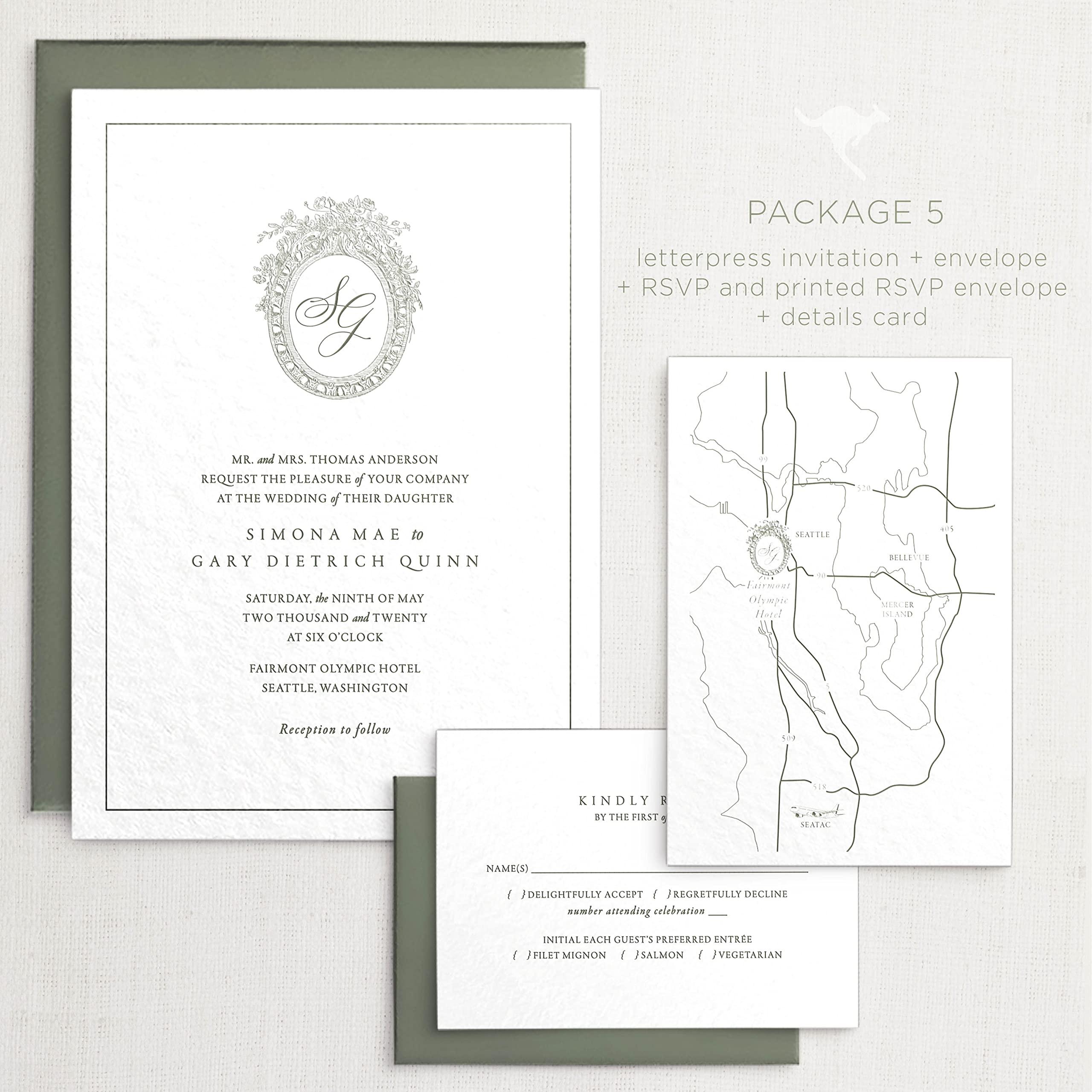 marsupial papers Letterpress Wedding Invitations | Customizable Elegant, Floral, Custom Printed | Simona Wedding Invitation with RSVP Envelopes Details Cards (Set of 150, Package 3)