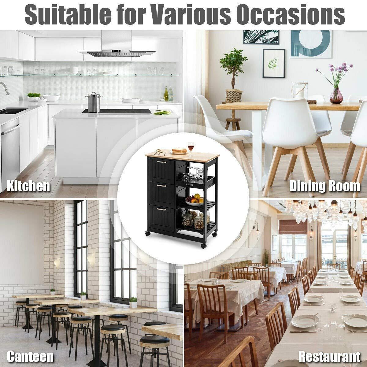 LHONE LHONE Rolling Kitchen Island Cart 3-Tier Industrial Wood Trolley Serving Cart Storage Cabinet Utility Cart on Wheels & Three Storage Drawers (Black)