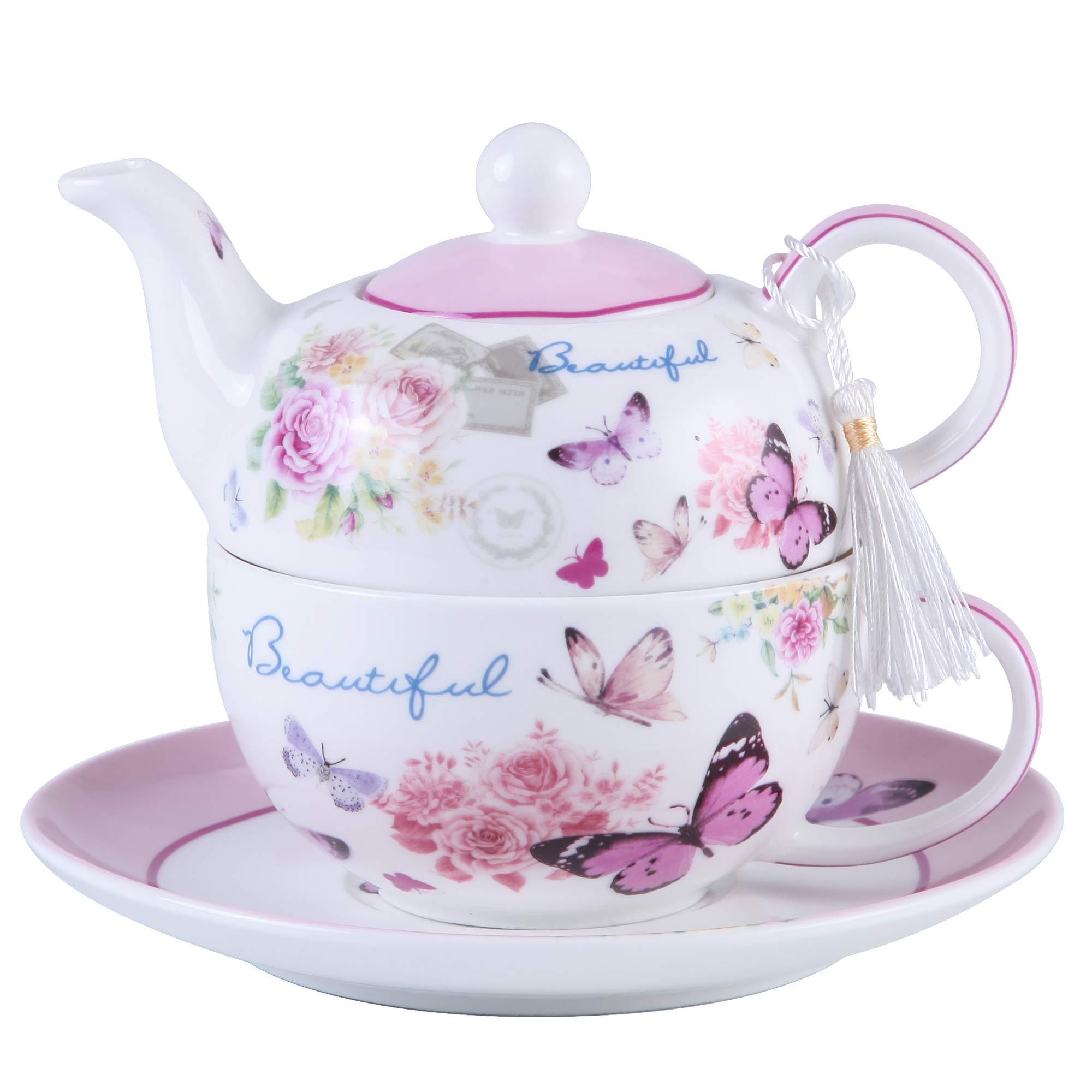 London Boutique London Boutique Tea for One Teapot Cup saucer Set Gift Box (Butterfly Rose)