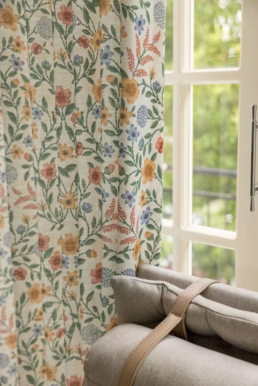 ILUOGUDU Linen Farmhouse Curtains for Living Room 72 Inch Length Floral Print Window Curtains Semi Blackout Drapes for Bedroom Country Room Darkening Curtain 1 Panel (Back Tab Curtains, 84"W x 72"L)