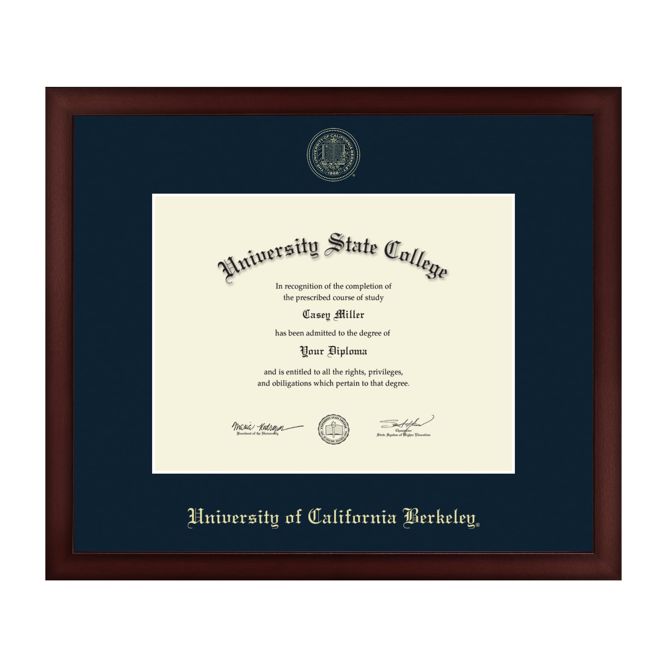Framerly Framerly - University of California Berkeley 11\" W X 8.5\" H Diploma Frame - Fits a Bachelor\'s, Master\'s and Phd - Gold Embossed Diploma Frame - Cherry Moulding with Navy Matting - Officially Licensed