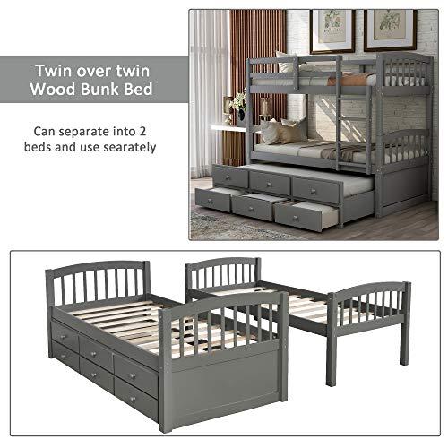 XD Designs XD Designs Twin Over Twin Bunk Bed with Trundle Bed and 3 Storage Drawers, Solid Wood Bed Frame with Ladder/Safety Rail for Kids, Teens Bedroom (Grey)