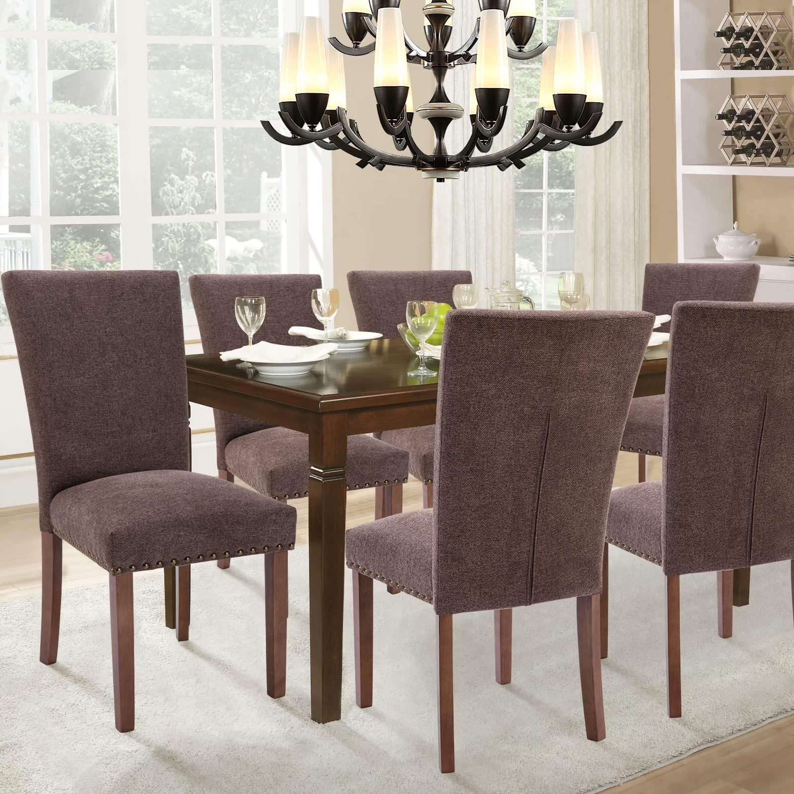 COLAMY Parsons Dining Chairs Set of 6, Upholstered Nailhead Dining Room Kitchen Side Chair with Thick Cushions and Wood Legs, Brown