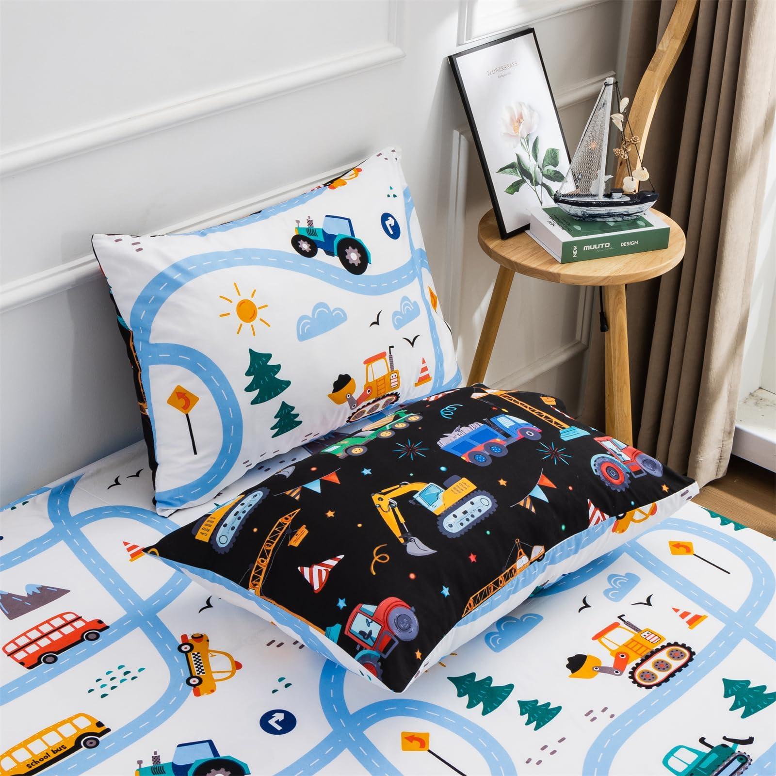 Holawakaka Holawakaka Trucks Tractors Cars Boy Bedding Comforter Set with Sheets, Full Size Cartoon Construction Car Excavator Print Kids Bed in A Bag 5-Piece, Boys Reversible Dorm Bed Sets (Black Full)