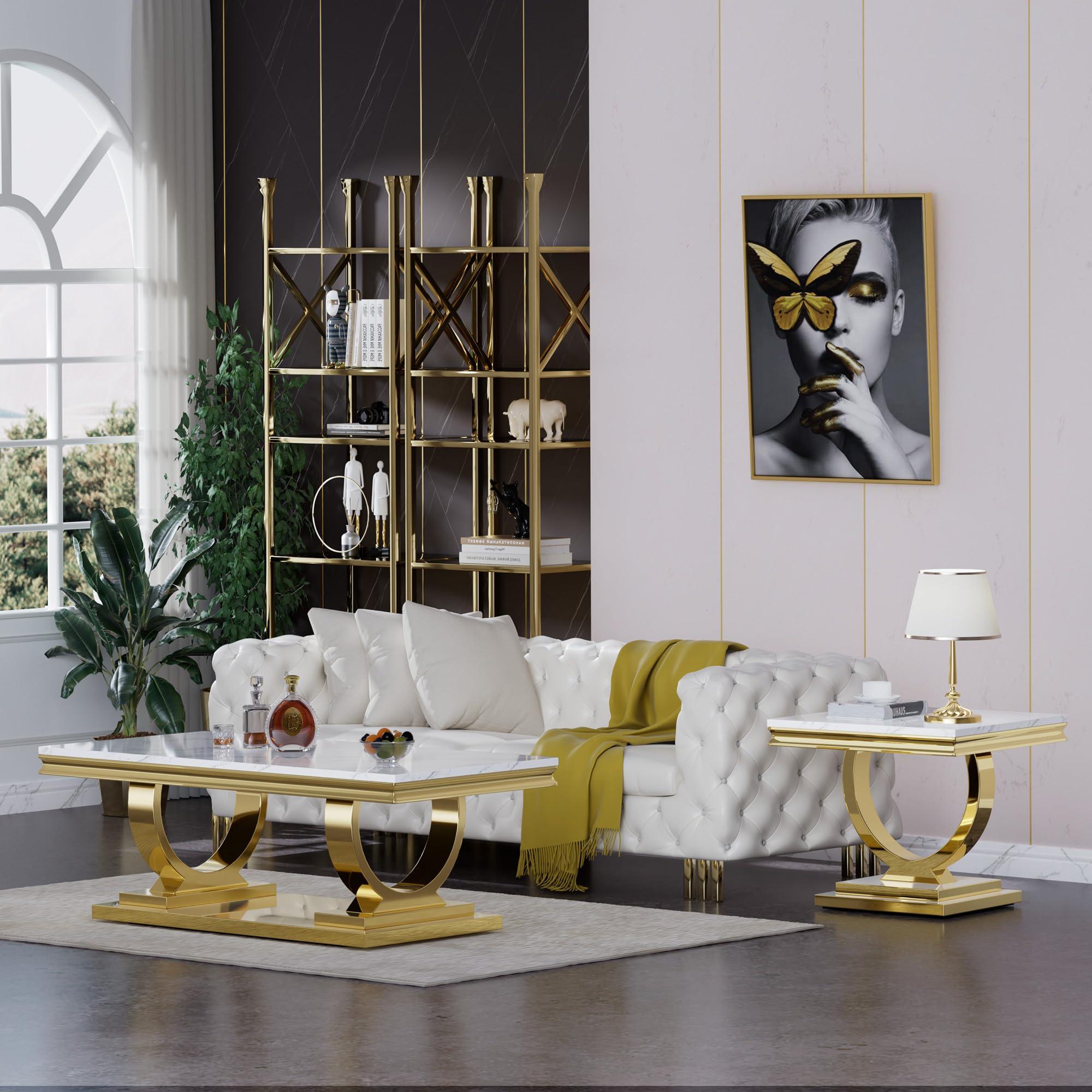 SSLine Marble Coffee Table Set of 2,2 Piece Coffee Table Sets for Living Room,Faux Marble Coffee Table and End Table with Wood Tabletop and Stainless Steel Frame (Gold2)