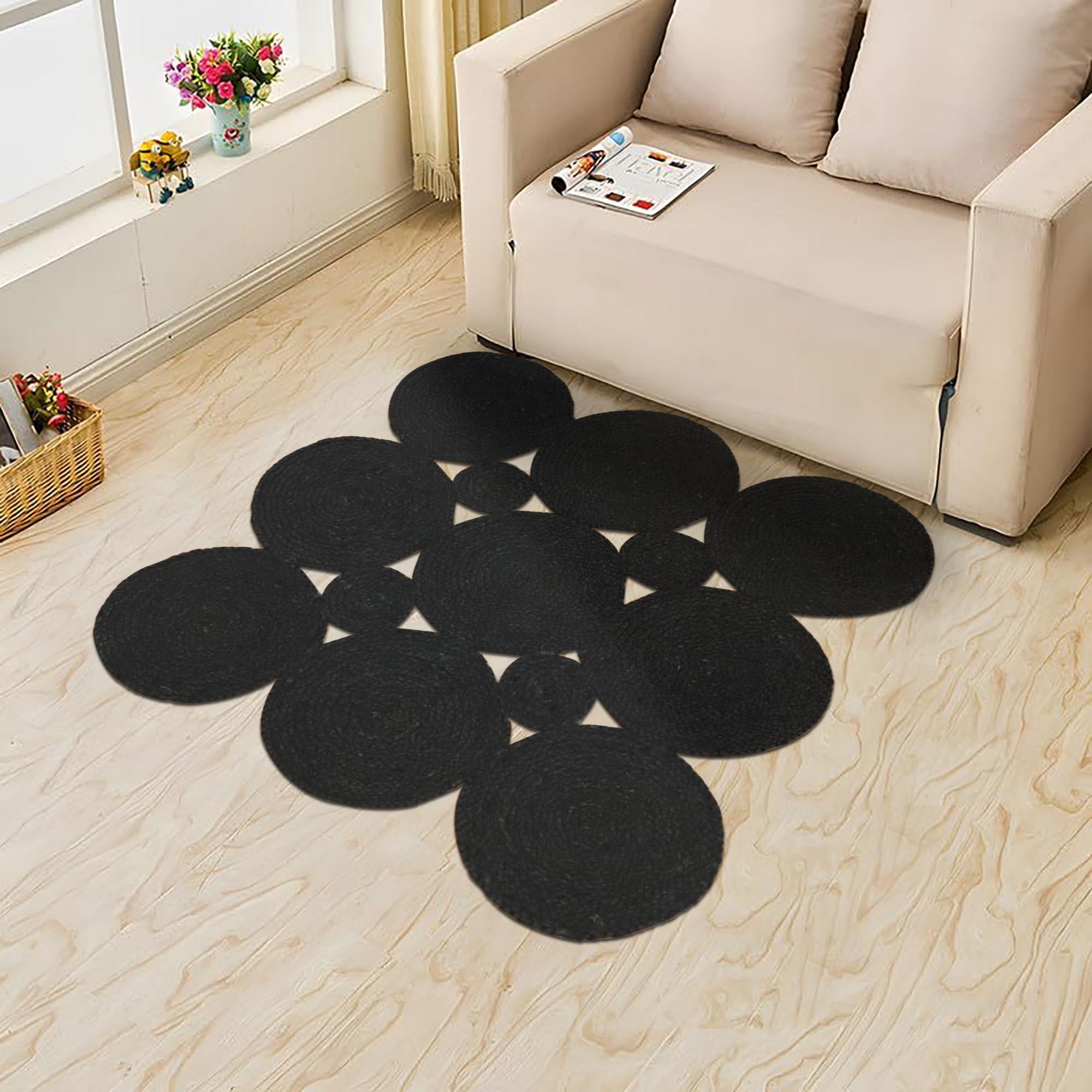 CASAVANI CASAVANI Scalloped Jute Rug Kilim Rug 4' Square Rug Black Hand Braided Jute Cape Cod Design Thick 0.19 inches Flatweave Rug Indoor Outdoor Use Rugs for Kitchen, Bedside, Enterway