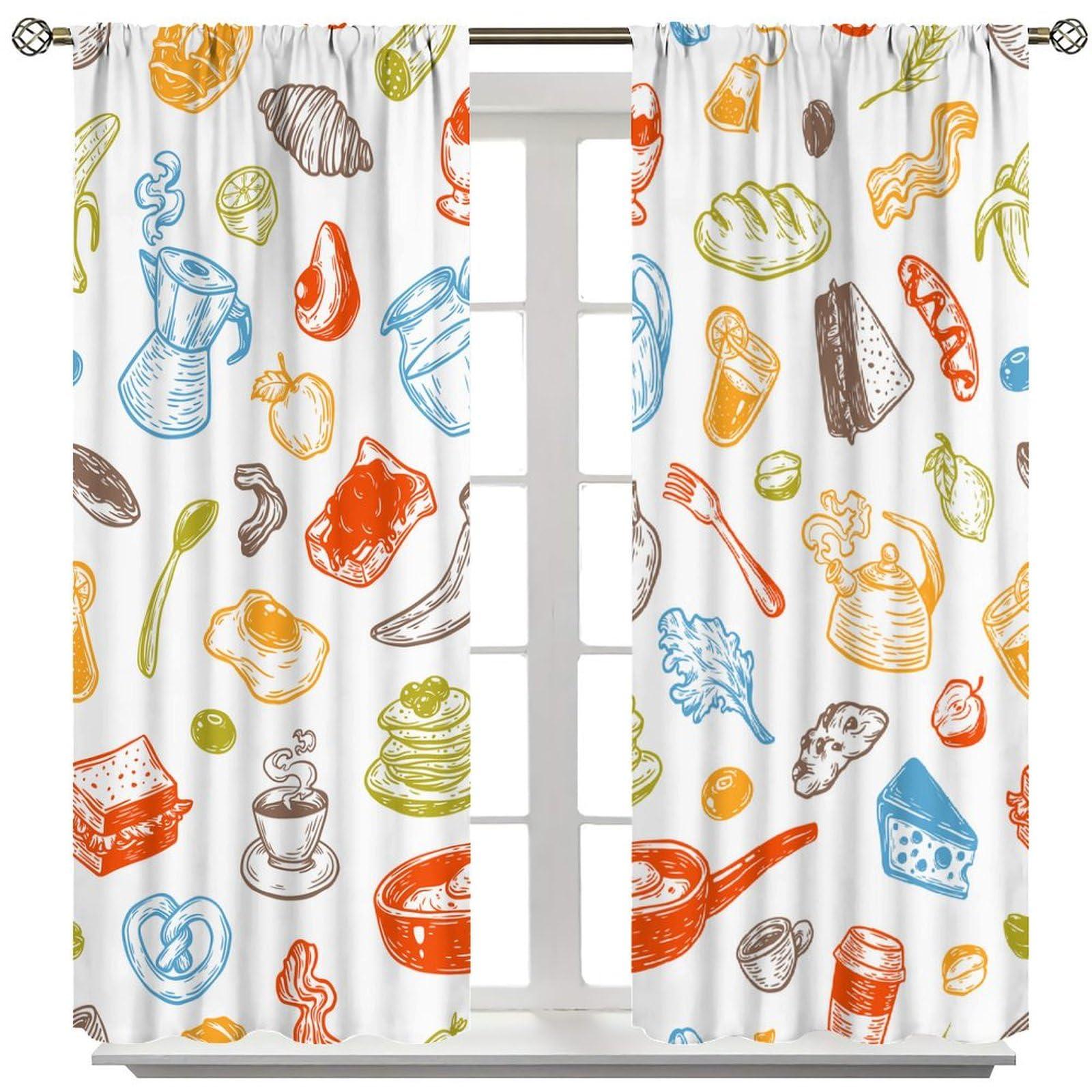 Chocolatemaoutdash Breakfast and Morning Blackout Curtains Vector Breakfast Food,Meal and Drinks Rod Pocket Thermal Insulated Drapes Darkening Window Curtain for Bedroom Living Room Kitchen 31.5x63in x 2