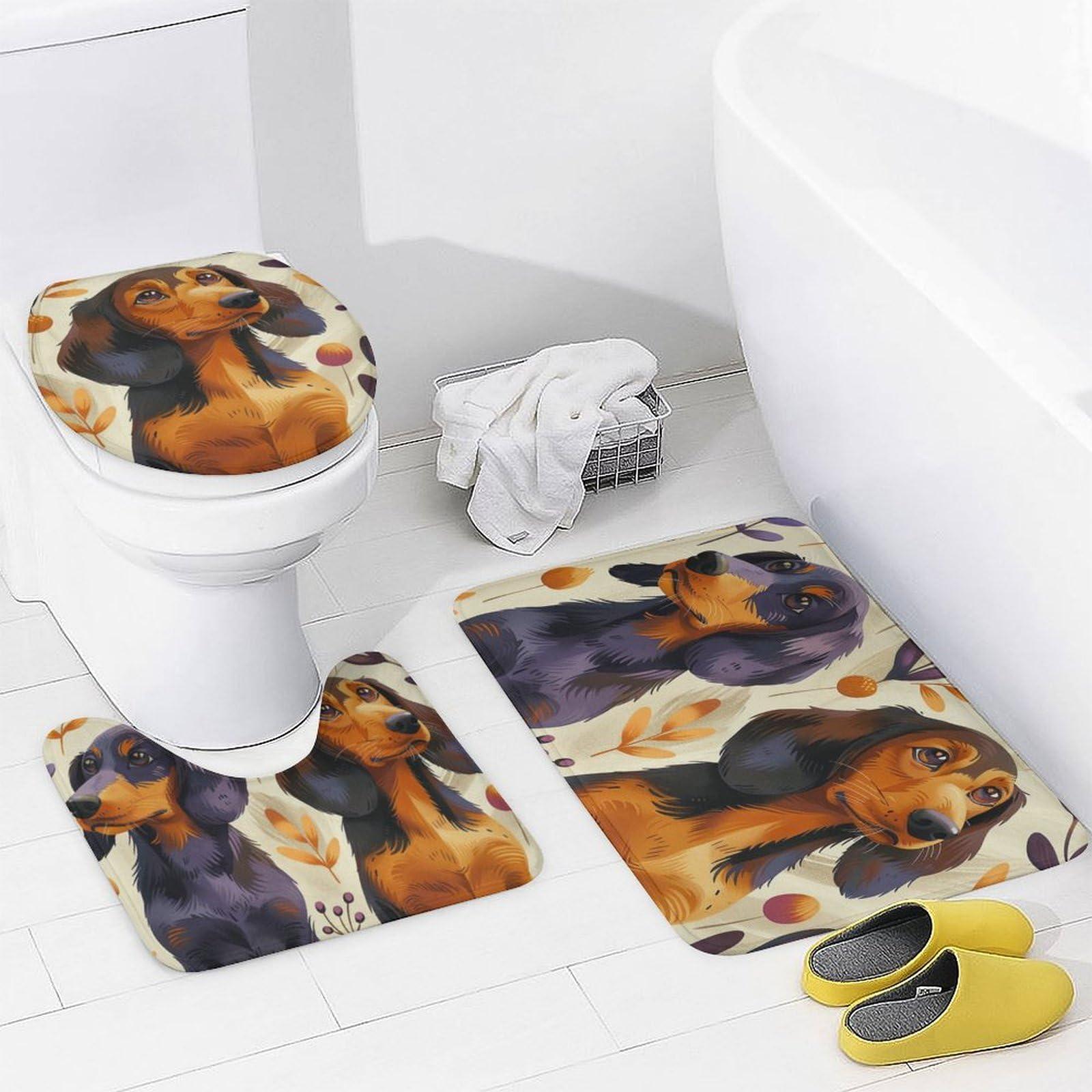 HDESDIS HDESDIS 4Pcs Cartoon Dachshund Dog Shower Curtain Sets with Rugs, Toilet Lid Cover and Bath Mat, Vintage Balloon Leaf Bathroom Shower Curtains Set with 12 Hooks