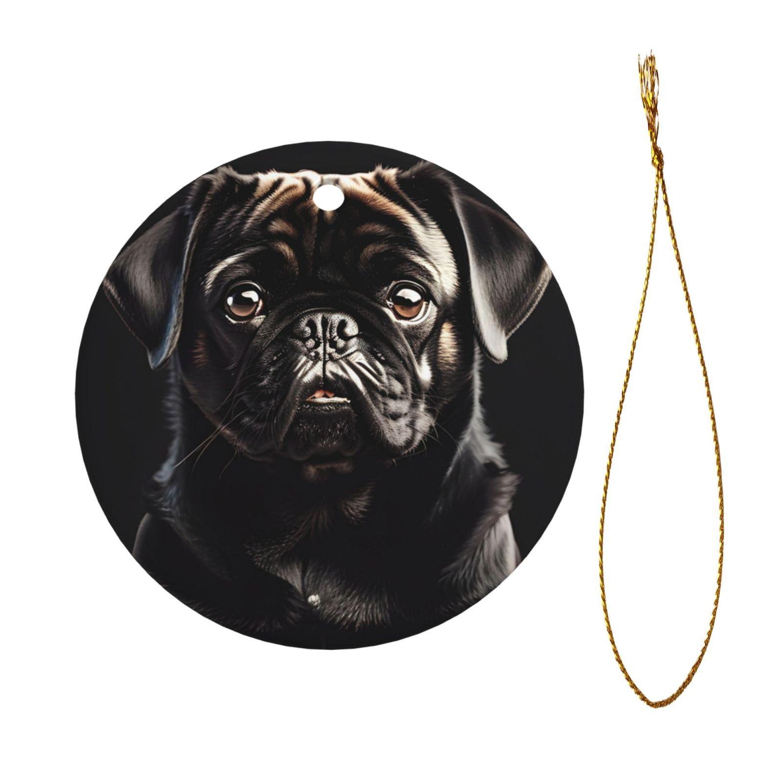IRSHI Personalized Christmas Ornaments - Ceramic Christmas Hanging Ornaments - Aesthetic Christmas Tree Pendants Cute Black Pug Dog