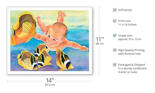 Pacifica Island Art Talk to the Fish - Hawaii - Baby (Keiki) with Racoon Butterfly Fish - From an Original Watercolor Painting by Janet Stewart - Fine Art Matte Paper Print (Unframed) 11x14in