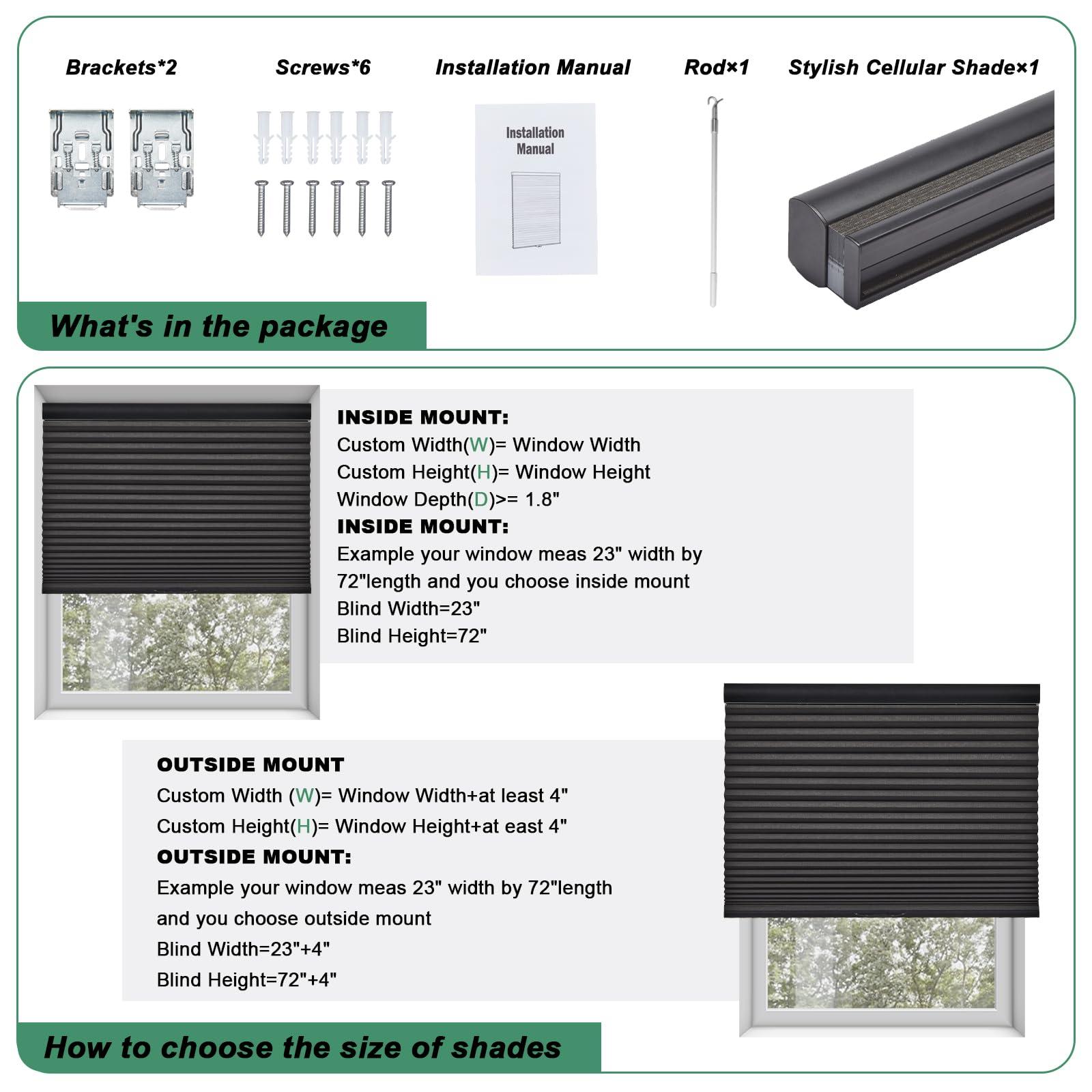 Tonature Toanture Custom Cordless Cellular Blinds, Easy to Install Blackout Honeycomb Window Blinds for Shades, Thermal Insulated 1.8" Single Cell Honeycomb Blinds for Bedroom, Office(Black,84" W x 60" H)