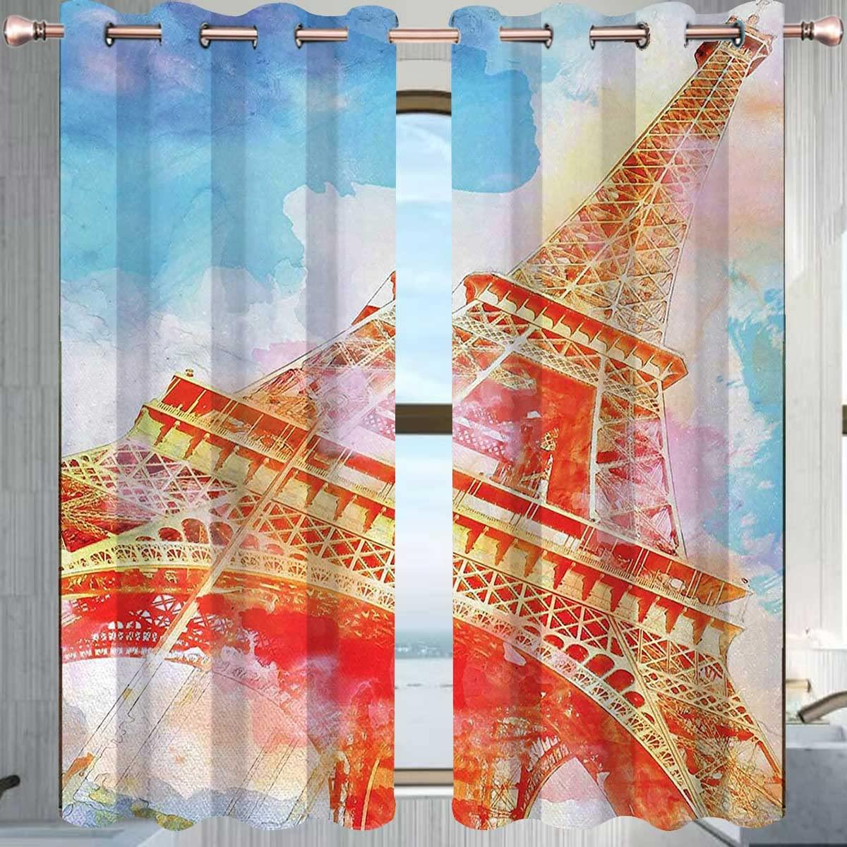 NEW-TWO Eiffel Tower Farmhouse Curtains for Living Room 2 Panels Yellow Blue Red Soundproof Curtains Long Length Width Drop (W) 72 X (H) 72 Inches