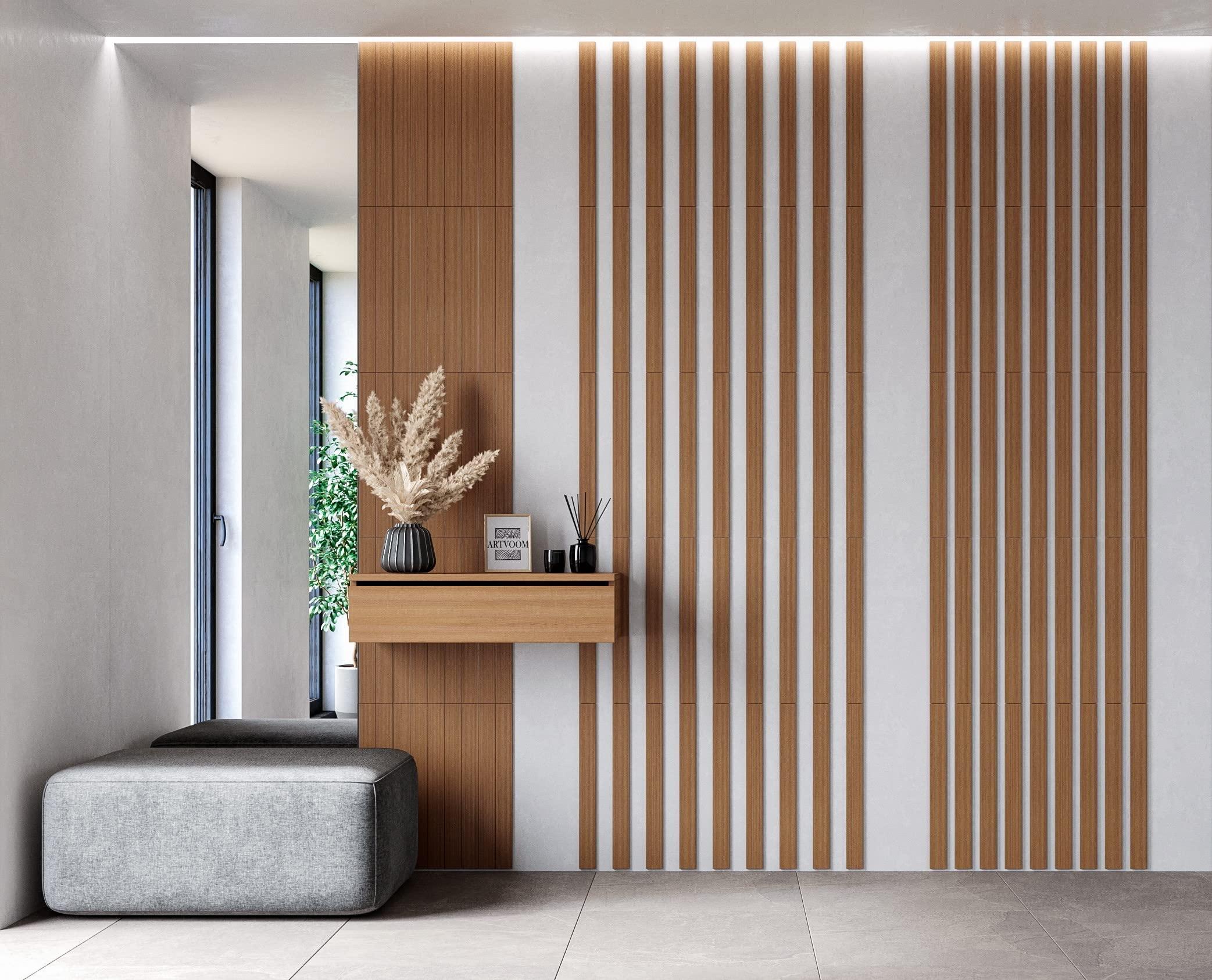 Artvoom Wood slat wall panel, art 3d wall panels wood, wood wall panels for interior wall decor, wall decor living room modern minimalist, wood slat wall divider, wood strips, accent wall design (Walnut)