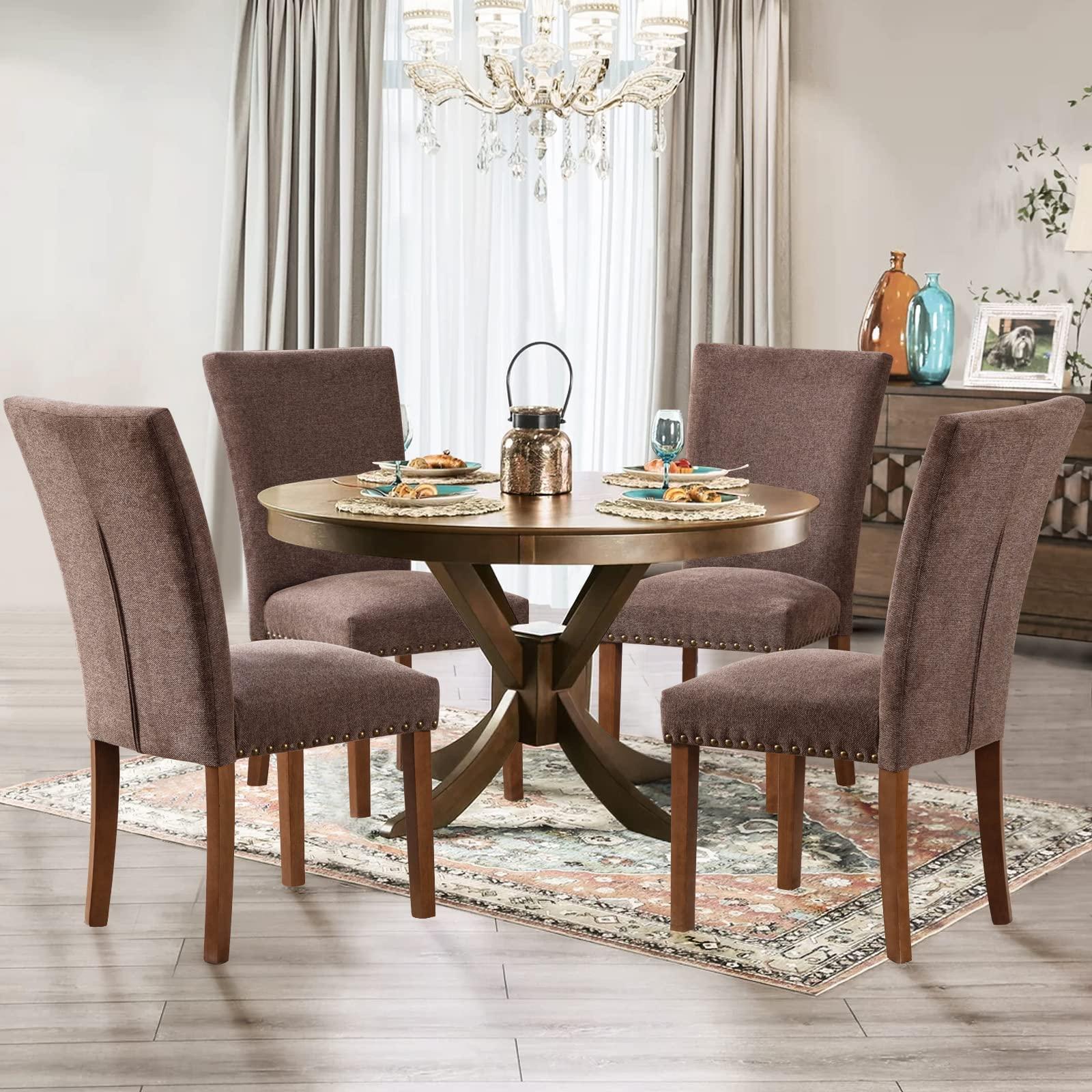 COLAMY Parsons Dining Chairs Set of 6, Upholstered Nailhead Dining Room Kitchen Side Chair with Thick Cushions and Wood Legs, Brown