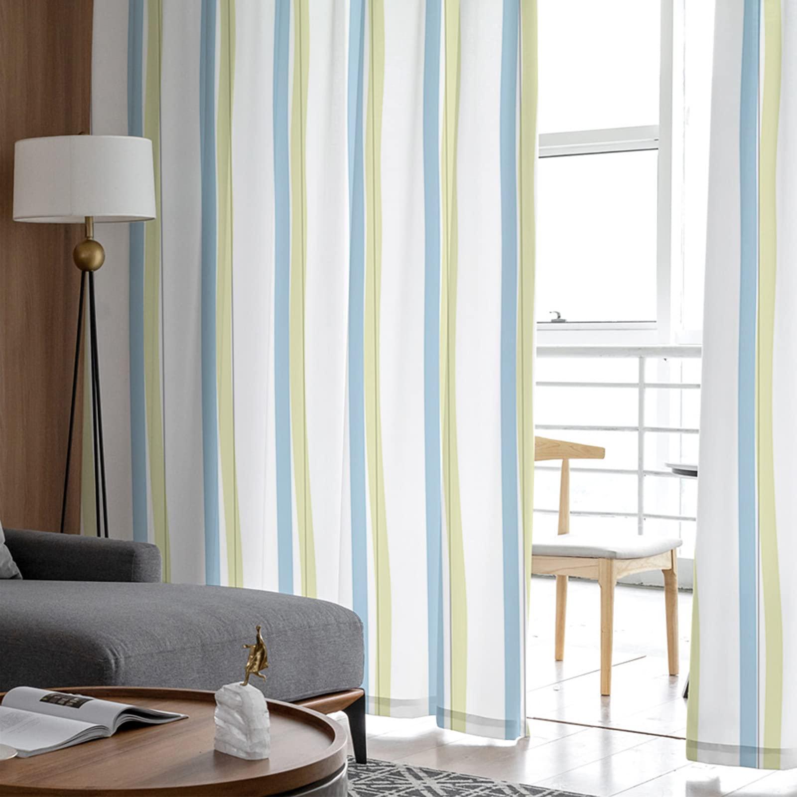 MACONAA MACONAA Sheer Curtains 84 Inches Long, Blue and Green Lines Rod Pocket Curtain for Living Room, Window Hand Drawn Art Texture Voile Drapes Chiffon Curtain for Bedroom 2 Panel