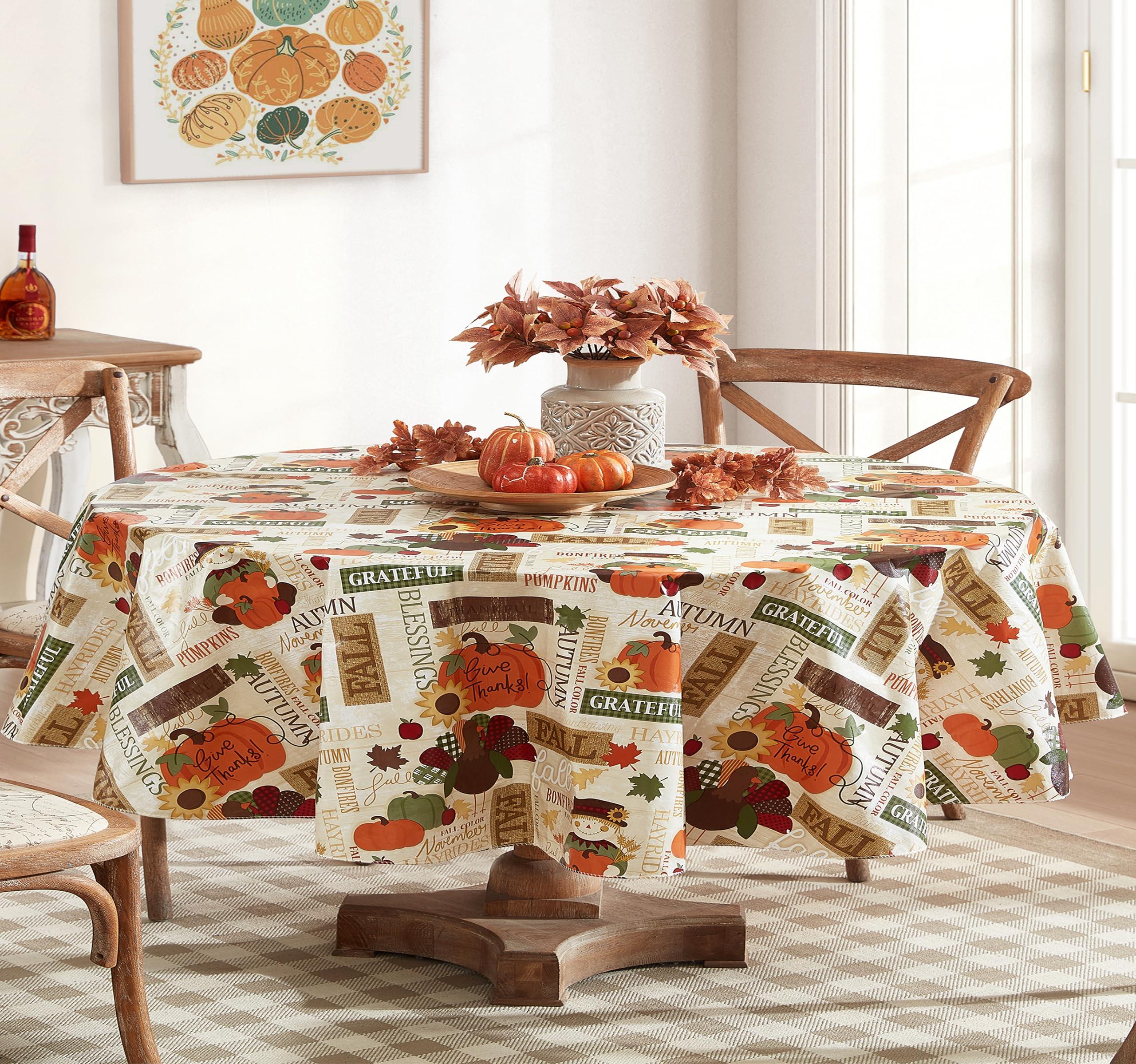Newbridge Newbridge Fall Hayride and Happy Scarecrow Thanksgiving Vinyl Flannel Backed Tablecloth, Gingham Turkeys and Pumpkin Rustic Autumn Vinyl Tablecloth with Flannel Backing, 70 Round