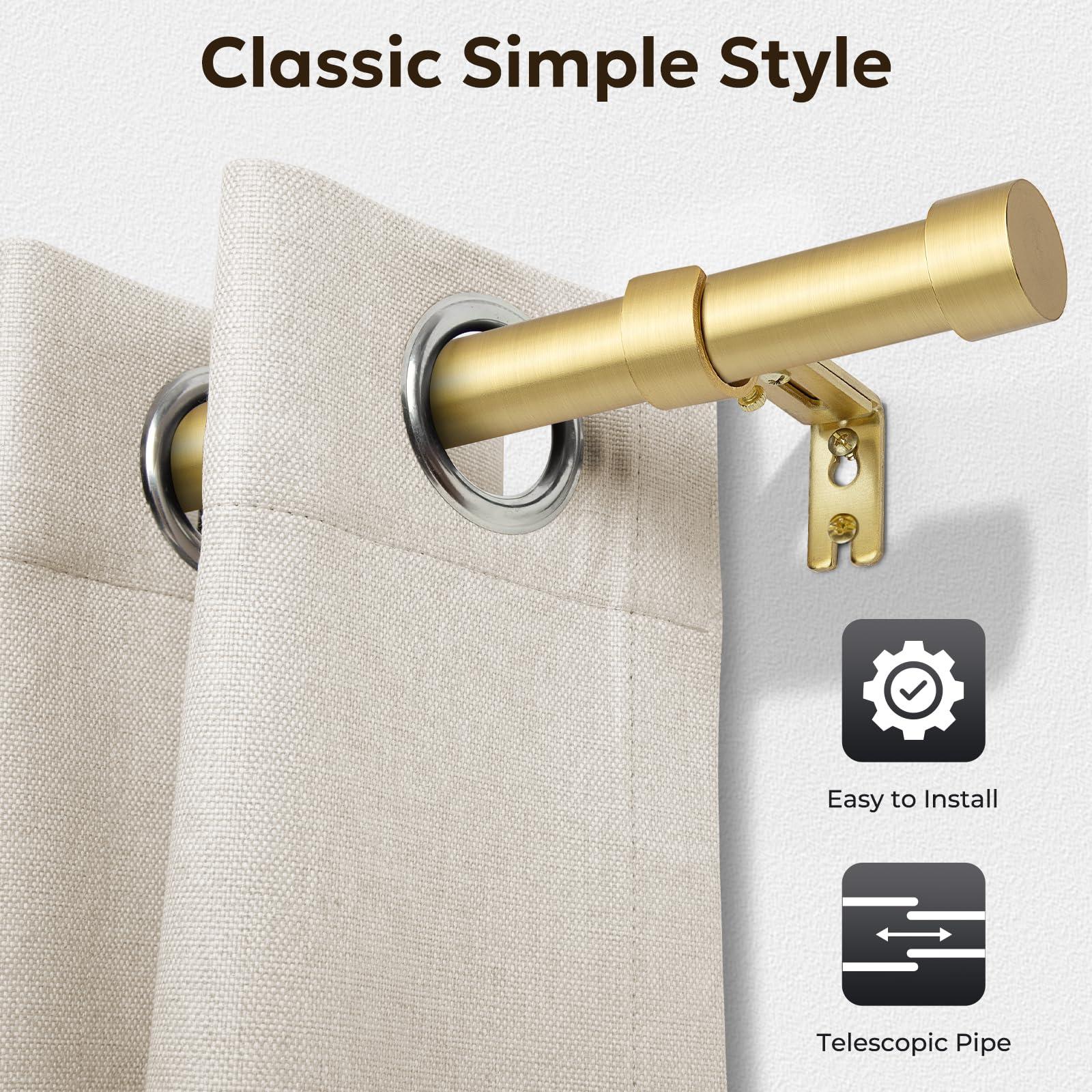 zeerobee Zeerobee Curtain Rods for Windows 32 to 72, 1 Inch Heavy Duty Drapery Rods with Adjustable Length, Outdoor Modern Curtain Pole with Simple End Caps, 32"-72", Brushed Gold