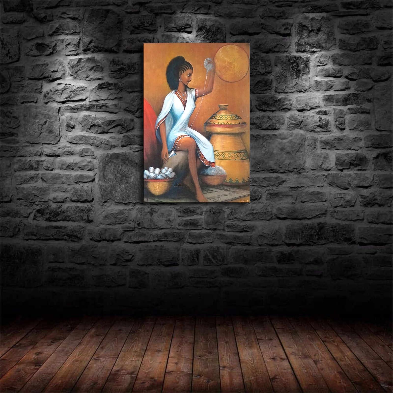 Hekdi Ethiopian Girls Work Poster Canvas Painting Print Modern Aesthetics Living Room Bedroom Home Office Wall Art Decoration (Framed,2436inch)