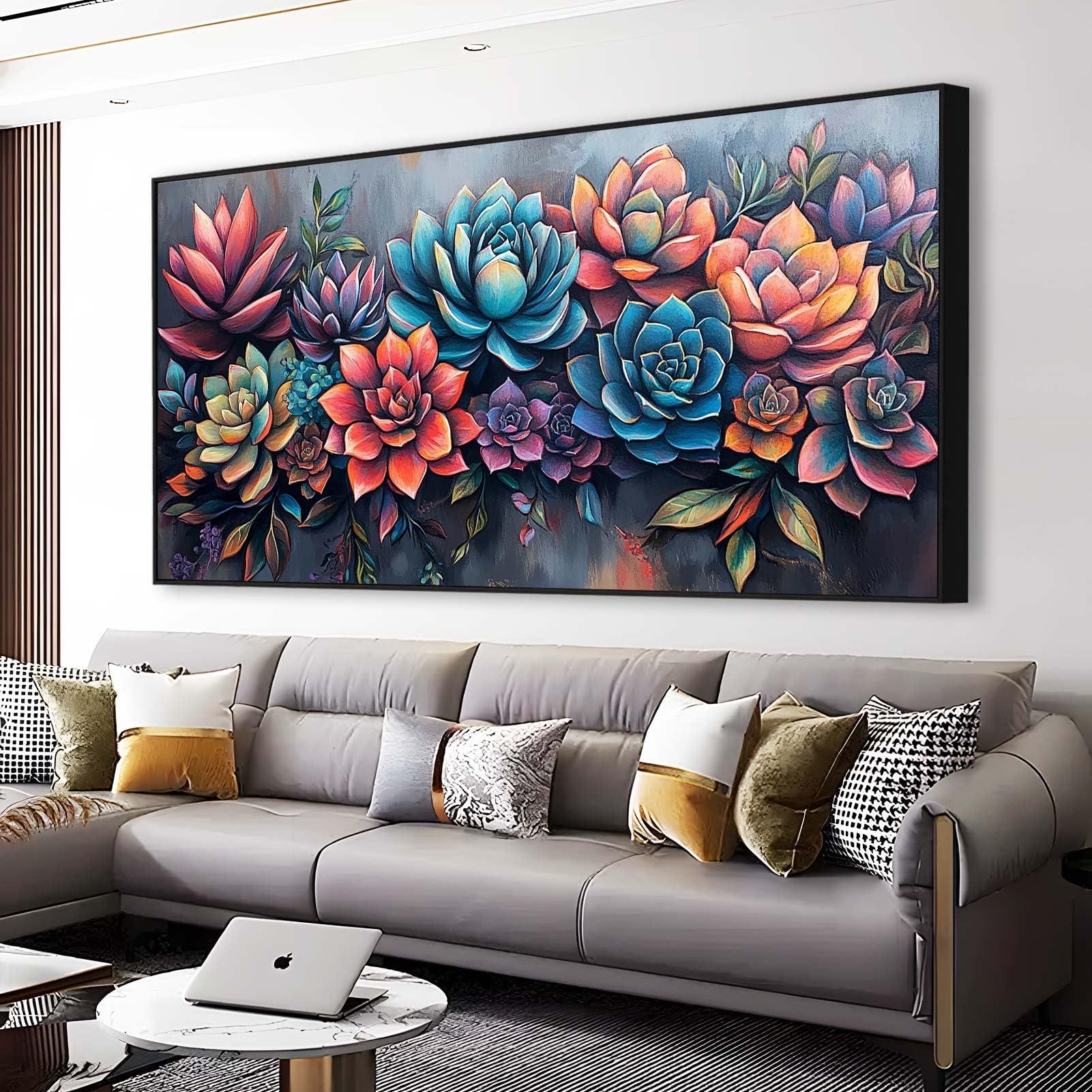Gueeclk Succulent Canvas Wall Art, Abstract Succulent Canvas Print, Wall Succulent Decor, Plant Pictures Wall Art, Tropical Botanical Prints, Succulent Poster, Home Living Room Wall Decor (Gold Framed, 71\"x35\" | 180x90cm)