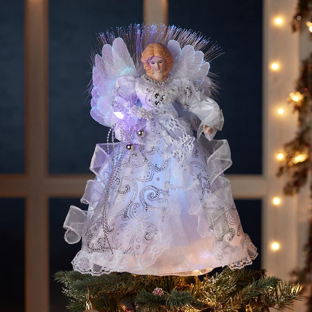 Kurt S. Adler Kurt Adler CUL Fiber Optic LED Angel Christmas Treetop Figurine, 12-Inch, White and Silver