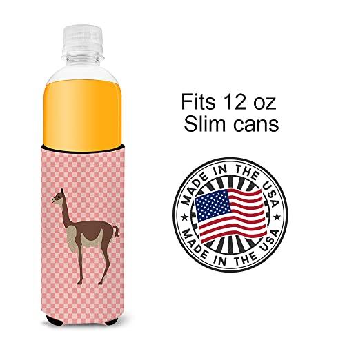 Caroline's Treasures Caroline's Treasures BB7917MUK Vicugna or Vicuna Pink Check Ultra Hugger for Slim cans Can Cooler Sleeve Hugger Machine Washable Drink Sleeve Hugger Collapsible Insulator Beverage Insulated Holder