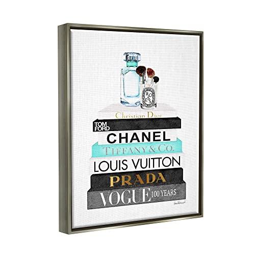 Stupell Industries Stupell Industries Book Stack Perfume Brushes Glam Fashion Watercolor, Design by Amanda Greenwood, Grey Floater Framed, 24 x 30