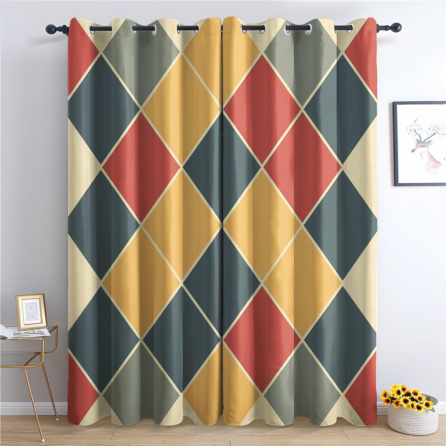 Phtbz Geometric Curtains for Bedroom Living Room, Lattice Blackout Curtains & Home Decor, Abstract Window Curtains, Thermal Room Darkening Grommet Drapes, 54 Inch Curtains 2 Panel Set