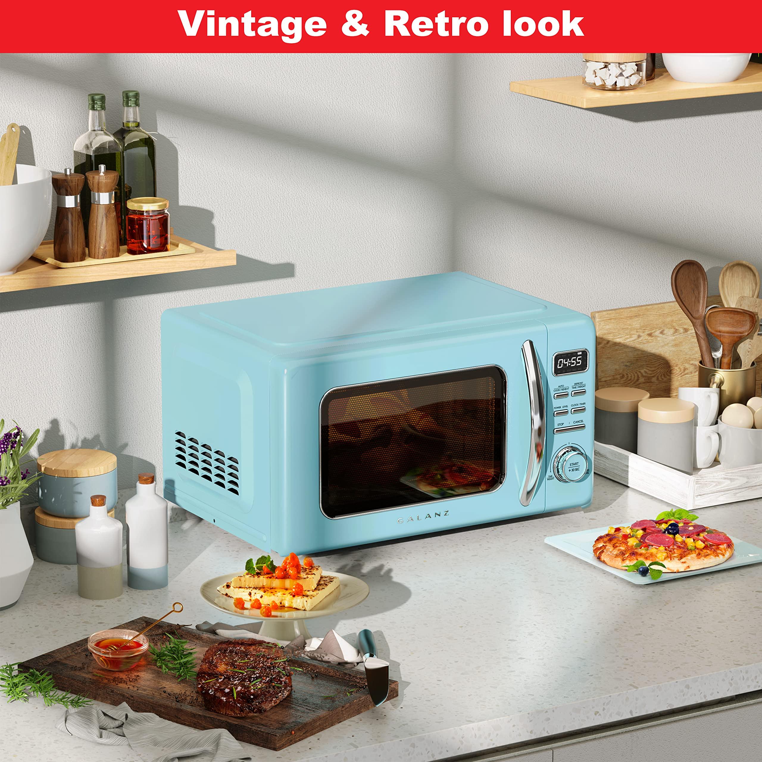 Galanz Galanz GLCMKZ11BER10 Retro Countertop Microwave Oven with Auto Cook & Reheat, Defrost, Quick Start Functions, Easy Clean with Glass Turntable, Pull Handle, 1.1 cu ft, Blue