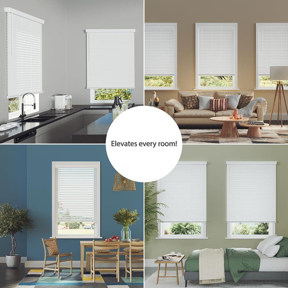 Lumino Lumino 2-Inch Cordless Faux Wood Blinds, 67.75" Width x 60" Length, White - Custom for All Window Sizes, Wood Embossed Slats, Crown Valance, Venetian for Indoor Windows
