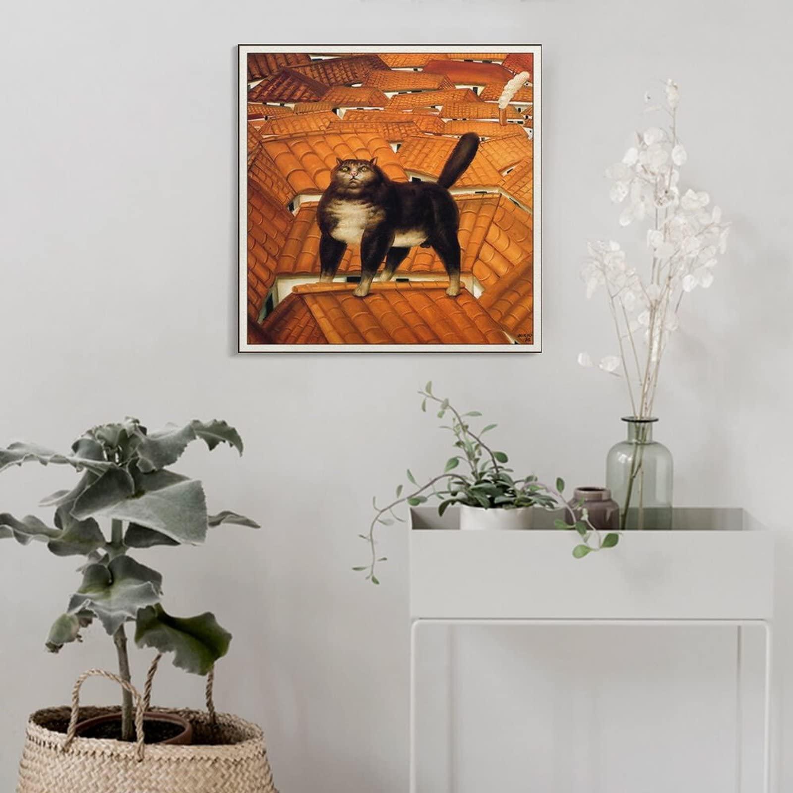 Generic Fernando Botero -Cat on A Roof Print Photo Art Painting Canvas Poster Home Decorative Bedroom Modern Decor Posters Gifts 24x24inch(60x60cm)