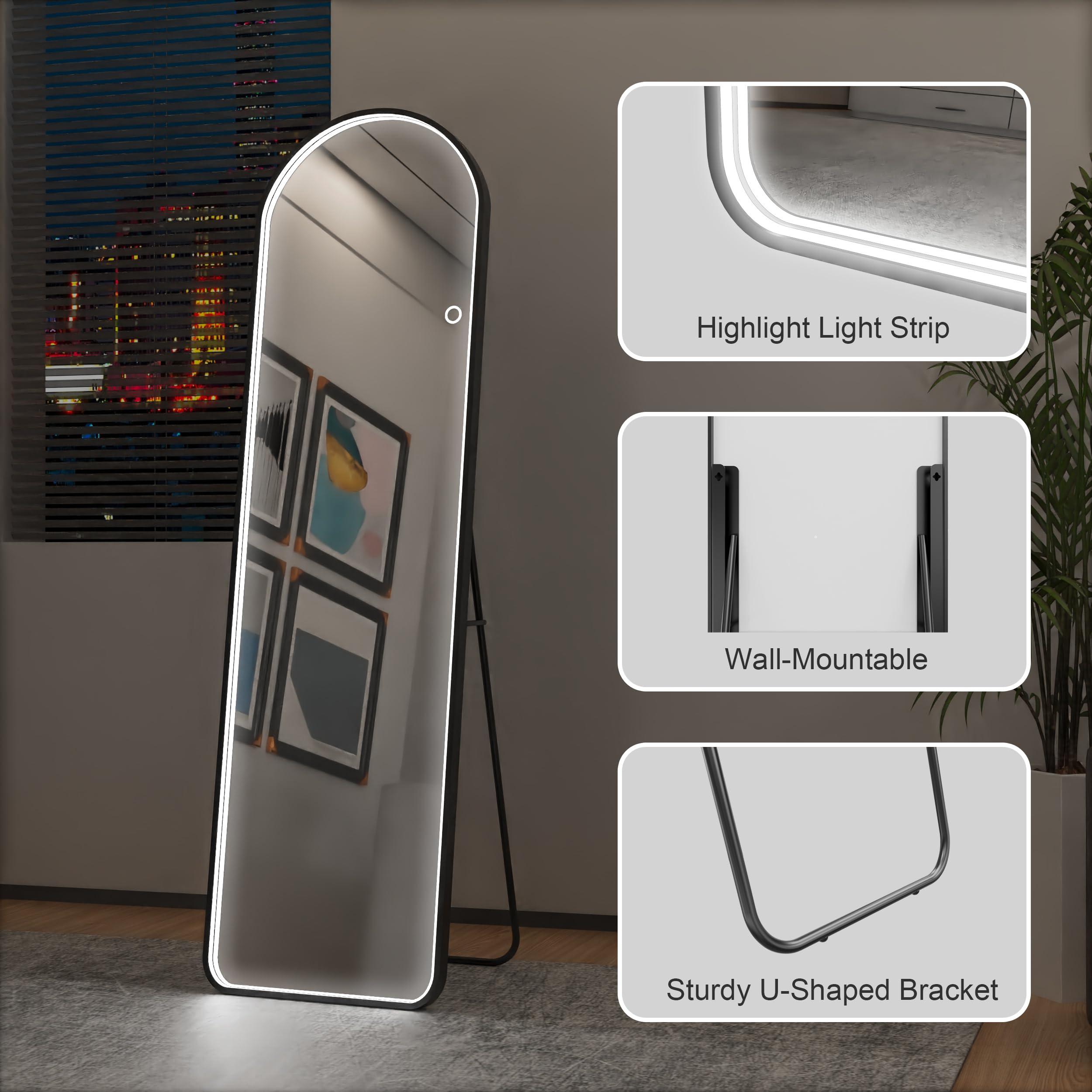 Maistech Maistech LED Full Length Mirror with lights Arch Design, 71"x28" LED Full Body Mirror with Stands, Full Length Mirror Wall Mounted for Bedroom, HD Material, Dimming & 3 Color Lighting (Brushed Silver)