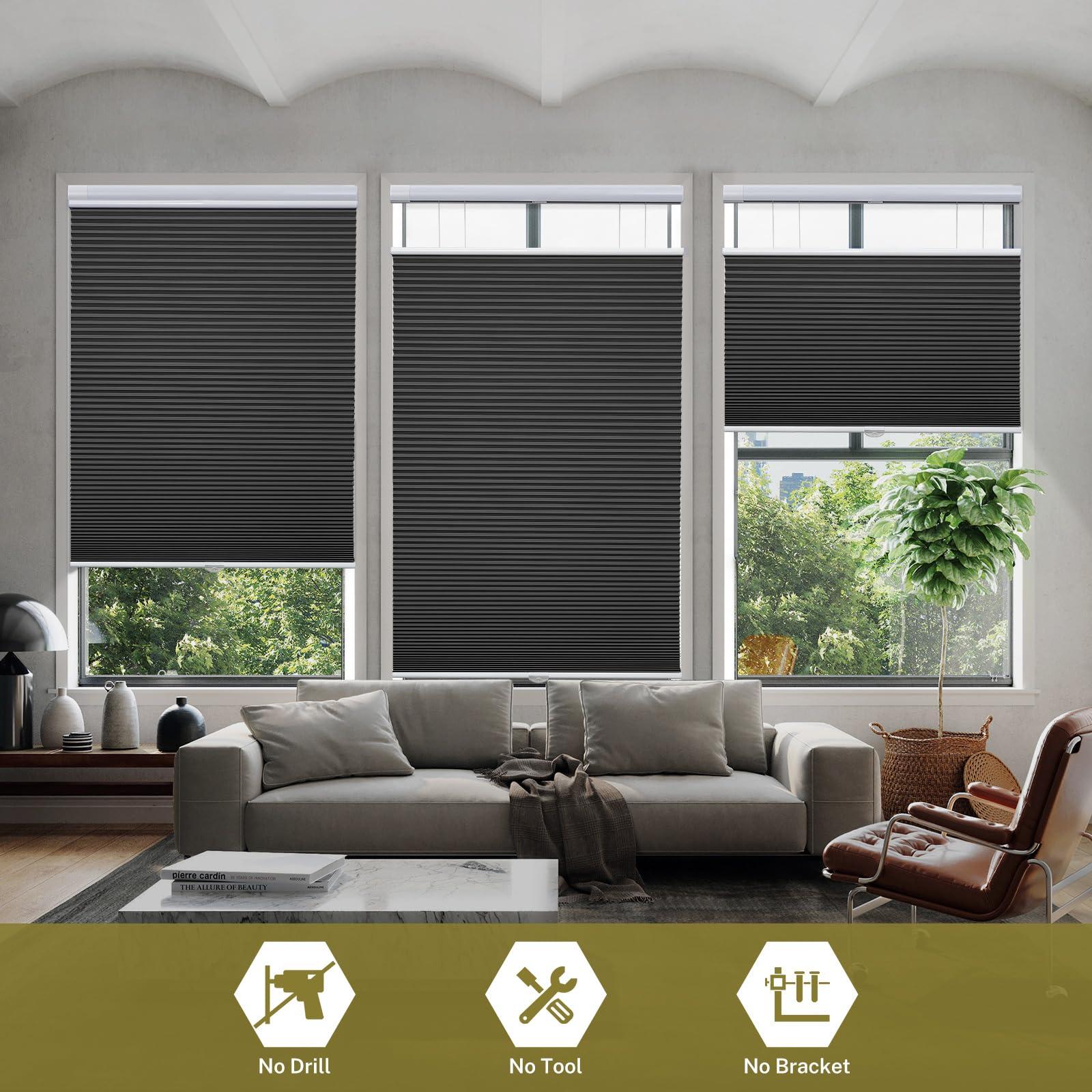 moonice Moonice No Tools No Drill Shades for Indoor Windows Blackout Top Down Bottom Up Cordless Cellular Shades, Easy to Install Mint Gap Single Cell Honeycomb Blinds for Home Office Thermal Insulated, Black