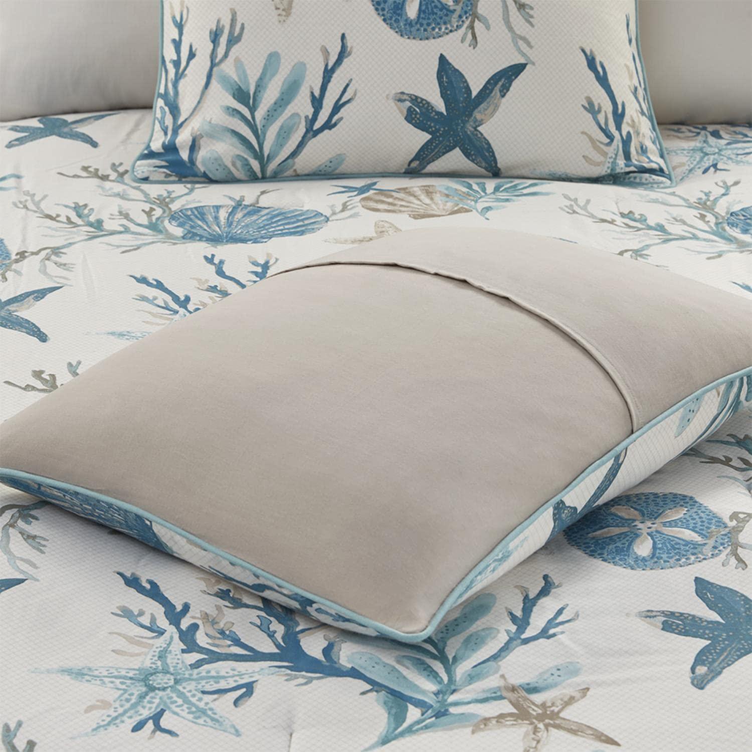 Madison Park Madison Park Pebble Beach 100% Cotton Comforter Set - Coastal Coral, Starfish Design All Season Down Alternative Cozy Bedding with Matching Shams, Decorative Pillow, Queen(90\"x90\") Aqua 7 Piece