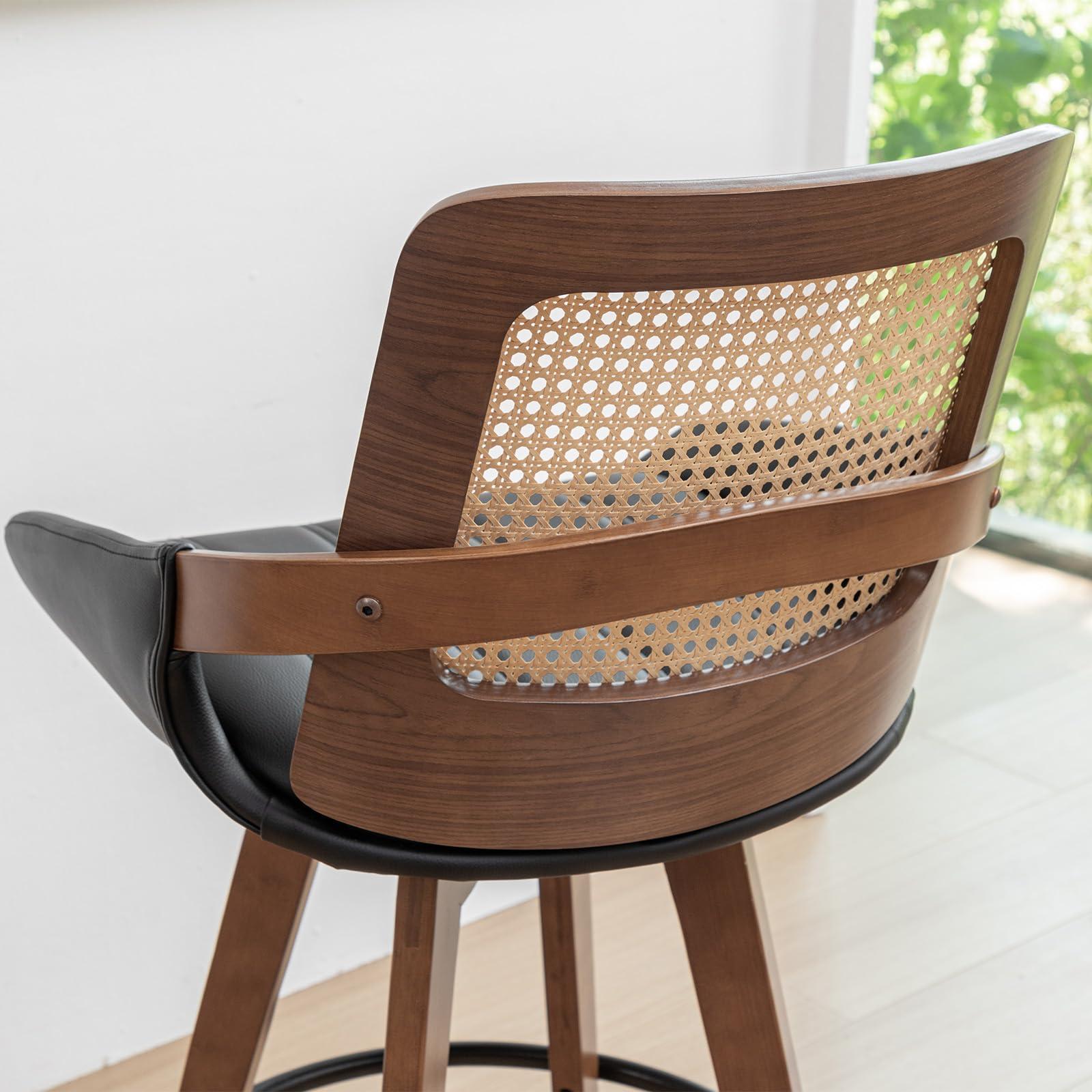 KUNZENT Set of 2 Swivel Rattan Counter Stools - 26.4 inch Mid Century Modern Bar Stools with Cane Back, Upholstered Seat, Curved Arms, Faux Leather Bar Stools for Kitchen/Island/Counter (Walnut Black)